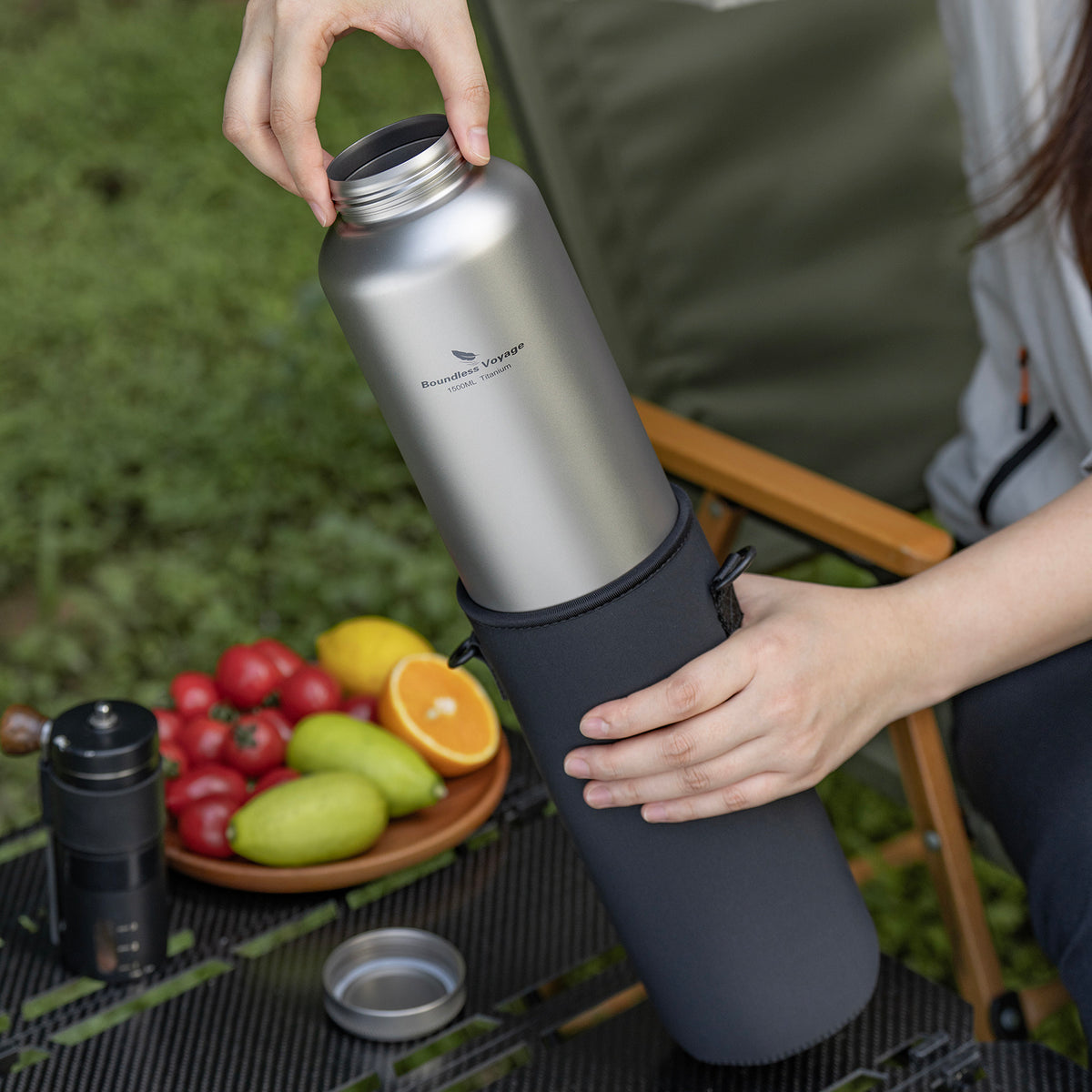 Boundless Voyage 1500ml Titanium Water Bottle – Lightweight Leak-Proof 1.5L Bottle with 2 Lids for Camping, Hiking, Travel & Gym