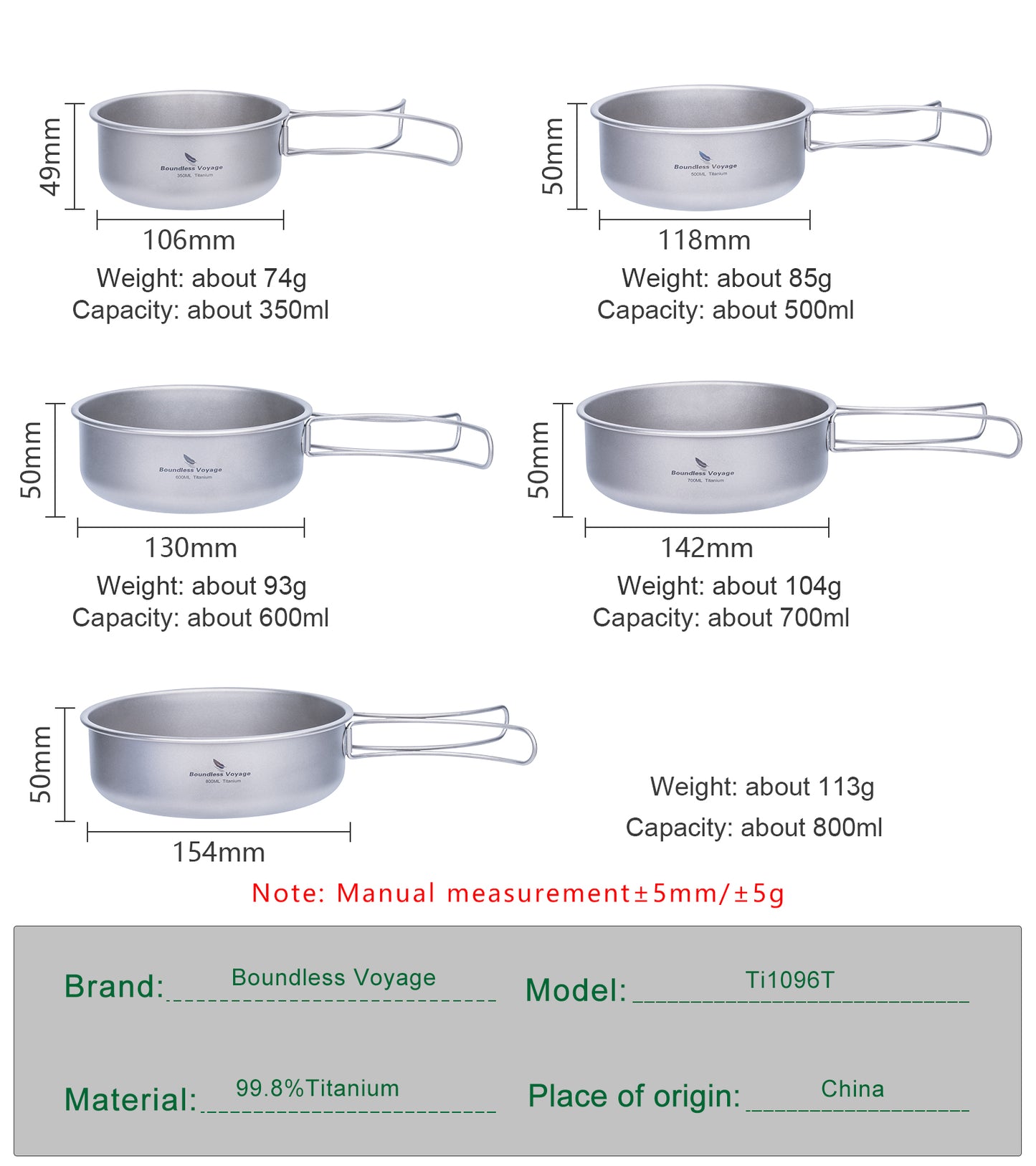 Boundless Voyage Titanium Bowls & Plates Set – 5-Piece Ultralight Folding-Handle Camping Tableware (350/500/600/700/800ml)