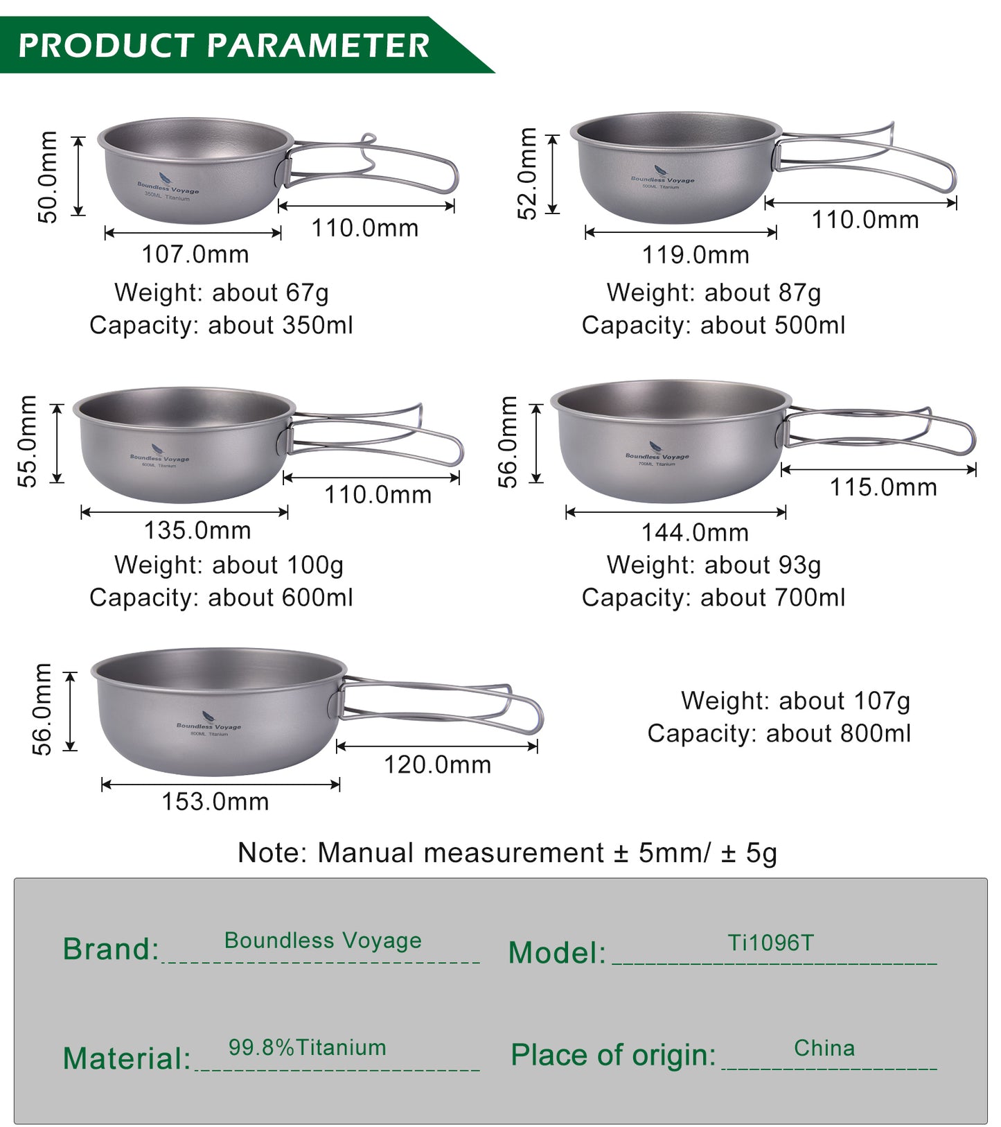 Boundless Voyage Titanium Bowls Dishes Set with Folding Handle Outdoor Camping Portable Plates Saucers Tableware 5-piece Set 350 500 600 700 800 ml