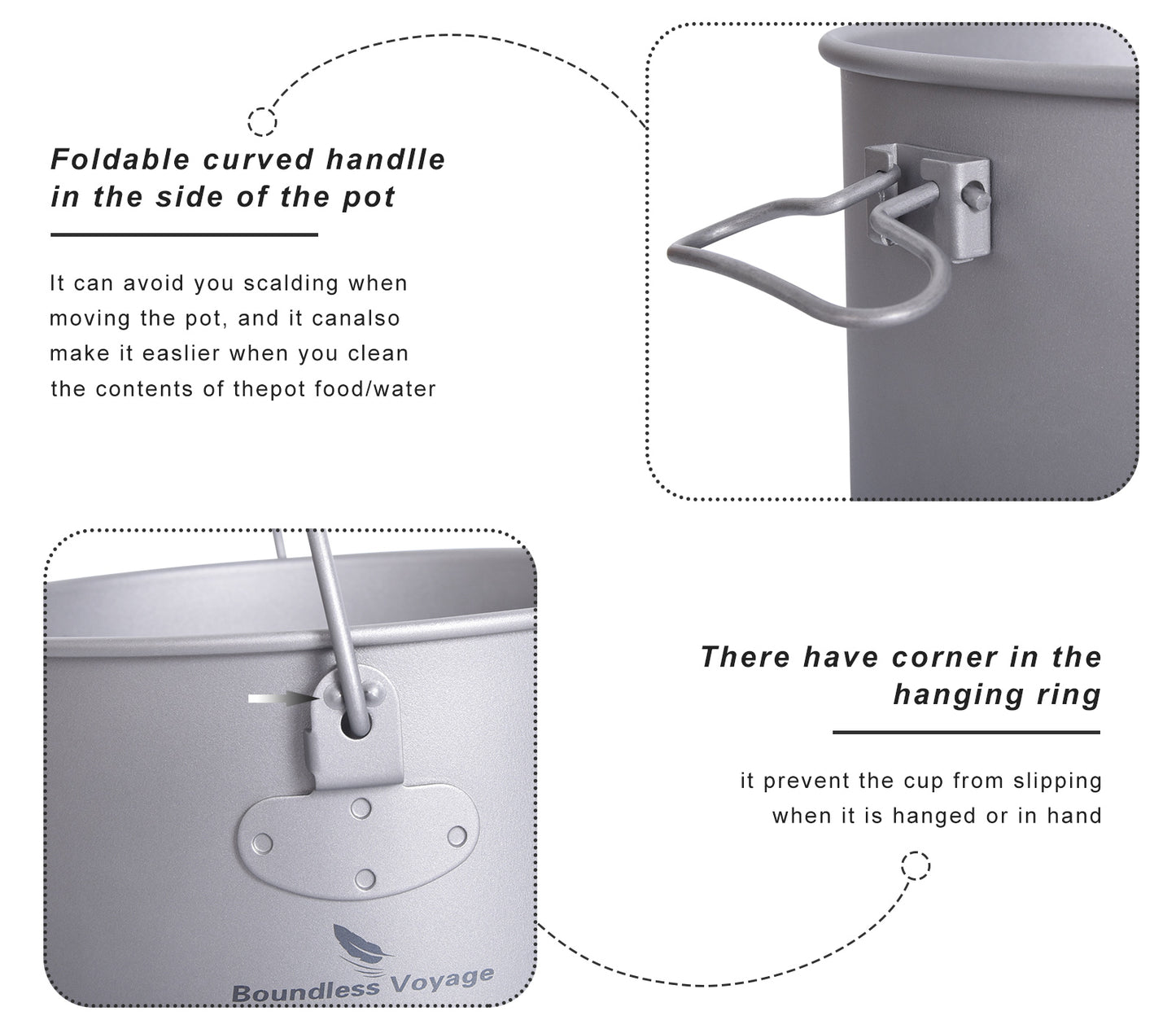 Boundless Voyage 1300ml TA1 Titanium Camping Pot with Lid – Ultralight Folding-Handle Cookware for Hiking, Picnic & Outdoor Soup Cooking