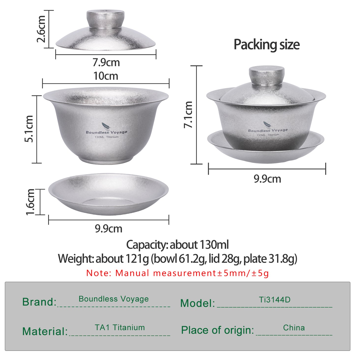 Boundless Voyage 130ml Crystallized Titanium Gaiwan Set | Ultralight 121g Chinese Kung Fu Tea Bowl | Double-Walled Anti-Scald Teacup with Lid & Saucer