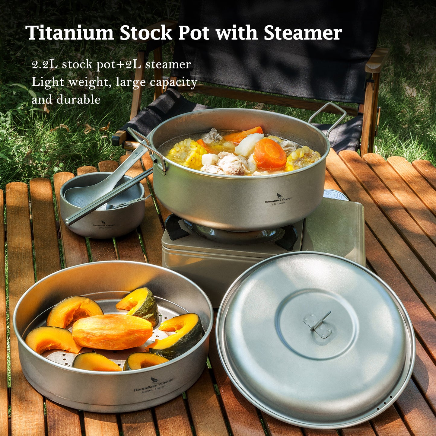 Boundless Voyage 2.2L Titanium Stock Pot with Lid – Ultralight Wide Camping Cooking Pot, TA1 Titanium Outdoor Cookware for Hiking, Picnic & Home Kitchen