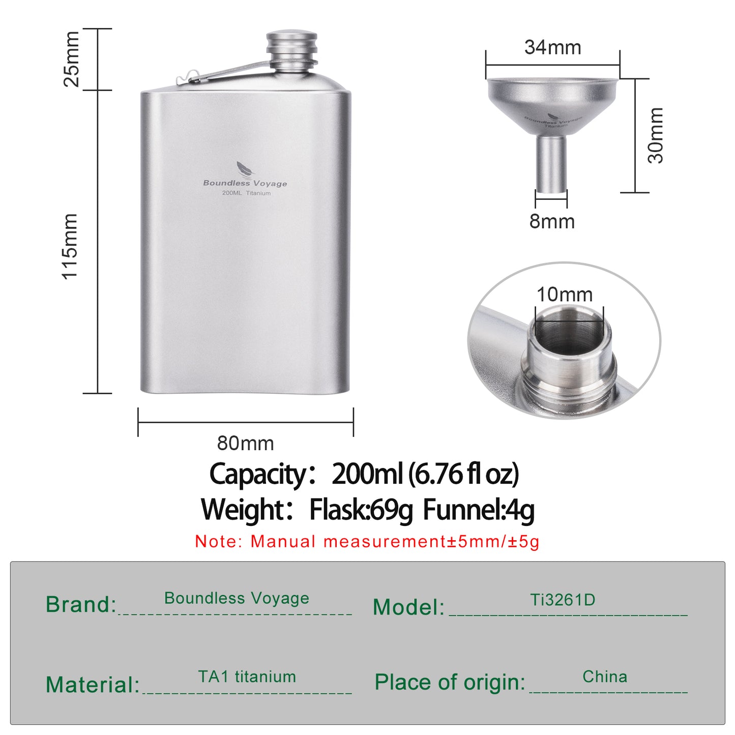 Boundless Voyage 200ml Titanium Flask – Ultralight & Durable Liquor Bottle for Whiskey, Vodka, Wine – Odorless Camping & Hiking Gear