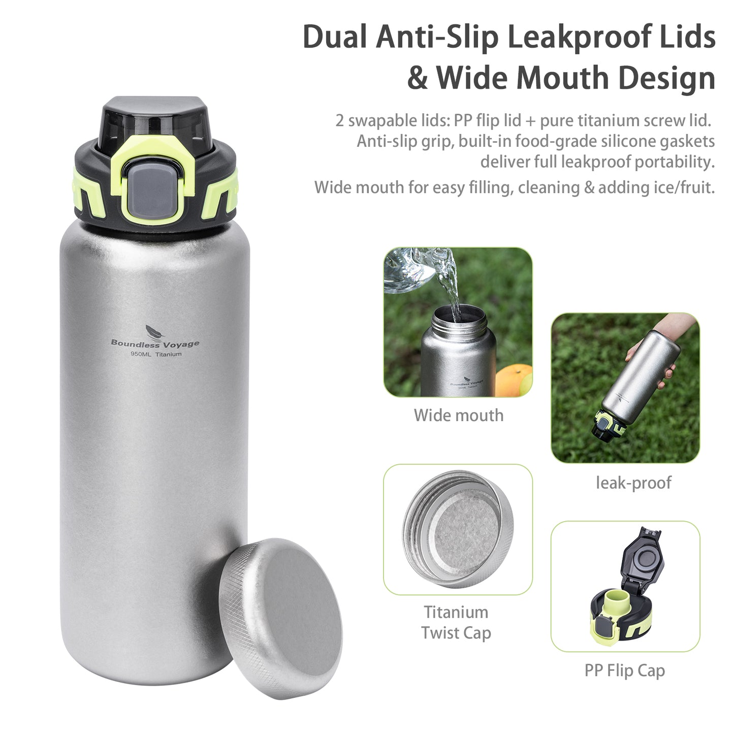 Boundless Voyage 950ml Titanium Water Bottle with Lids – TA1 Ultralight Wide Mouth Canteen for Hiking, Camping & Travel