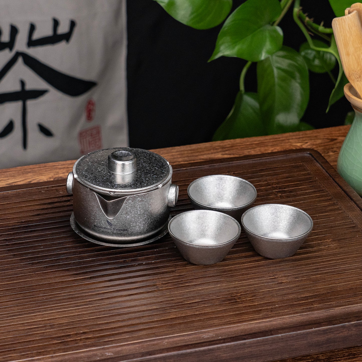 Boundless Voyage 180ml Titanium Double-Layer Tea Set | 136g Ultralight Teapot with 3pcs 30ml Anti-Scald Cups | Stackable Travel Tea Maker for Camping
