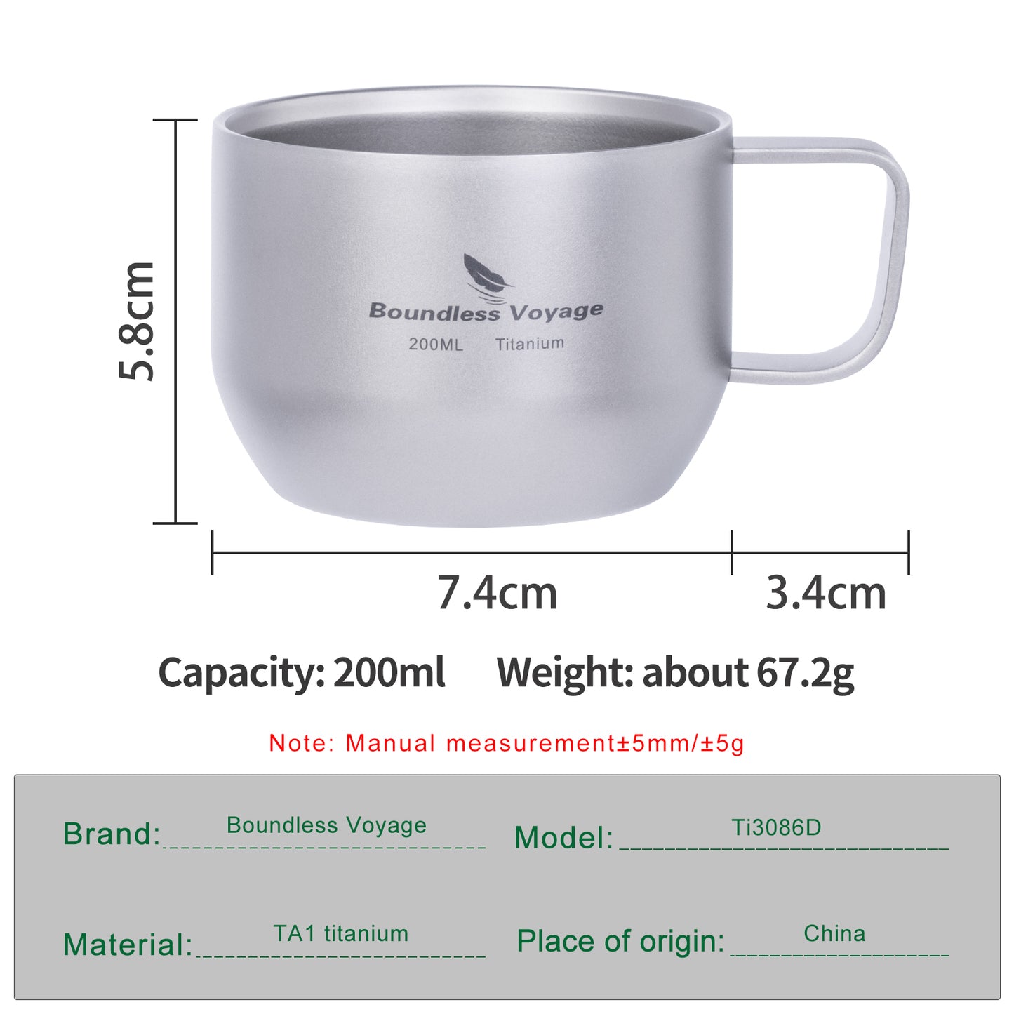 Boundless Voyage  200ml Titanium Double Wall Mug Metal Coffee Tea Cup Mini Espresso Cup Outdoor Camping Travel Ultralight Durable Portable Drinkware