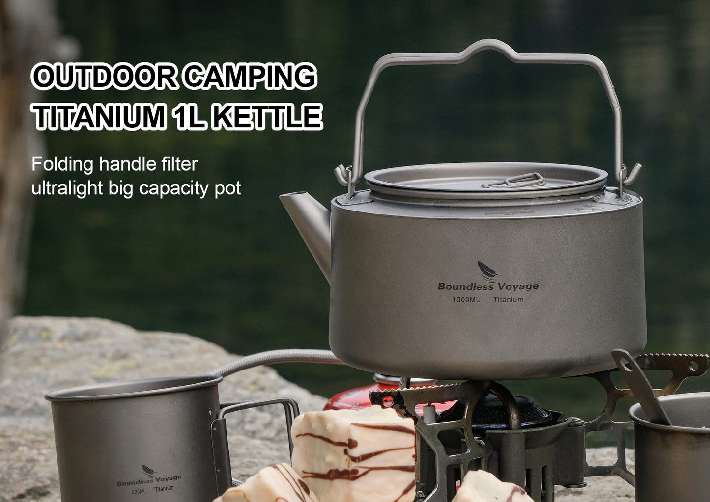 Boundless Voyage 1L Titanium Camping Kettle with Filter – Ultralight Large-Capacity Outdoor Teapot with Folding Handle