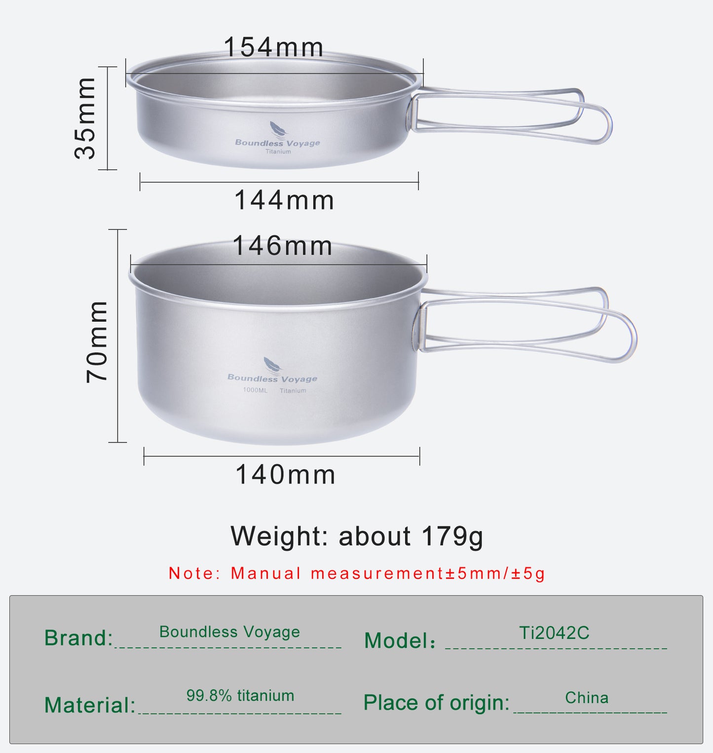 Boundless Voyage TA1 Titanium Pot & Pan Set 500ml + 1000ml with Lid – Ultralight Camping Cookware with Folding Handles for Hiking, Picnic & Outdoor Cooking