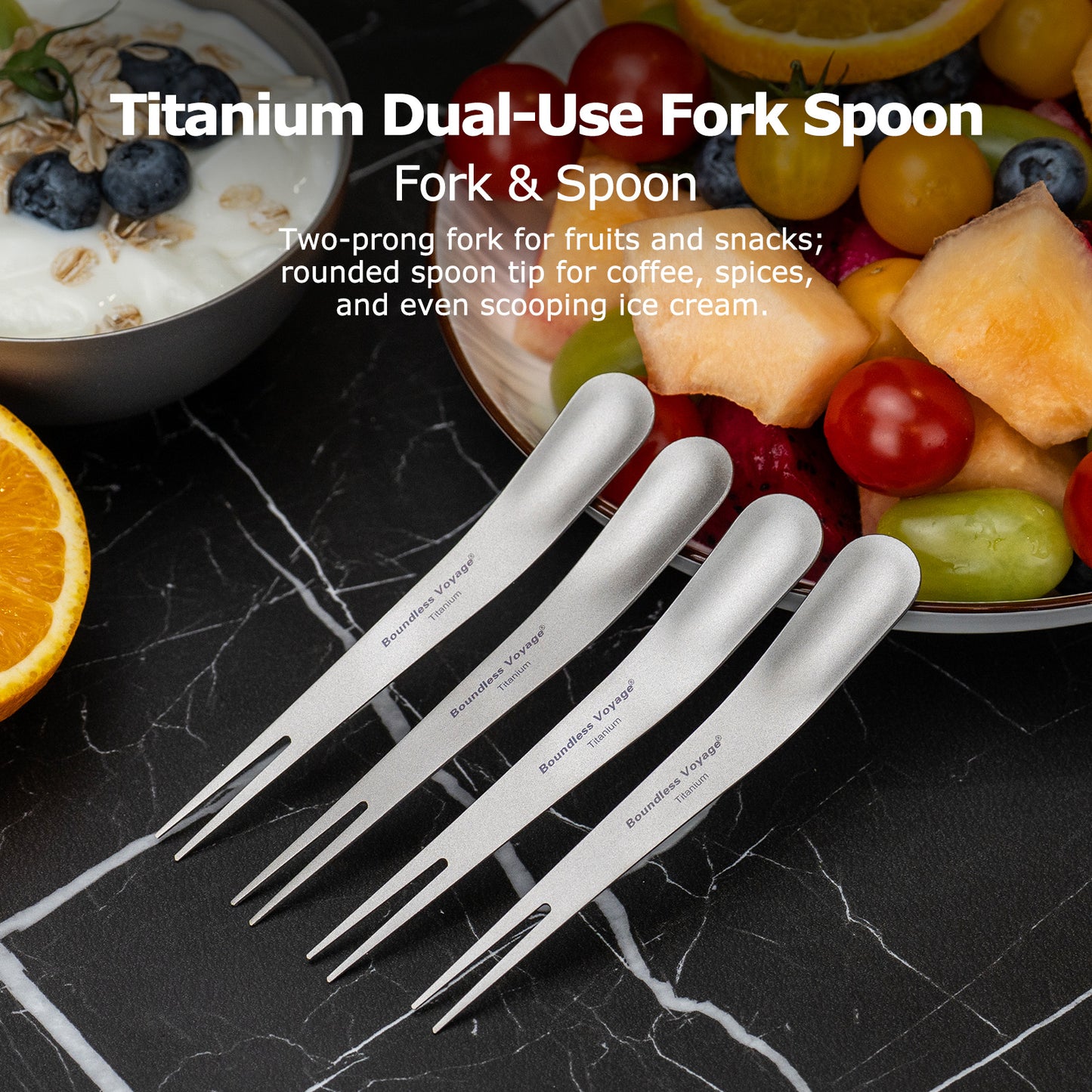 Boundless Voyage Titanium Dual-Use Fork & Spoon Set – 5pcs Ultralight Camping Cutlery with Drawstring Bag for Fruits, Coffee, Ice Cream & Travel