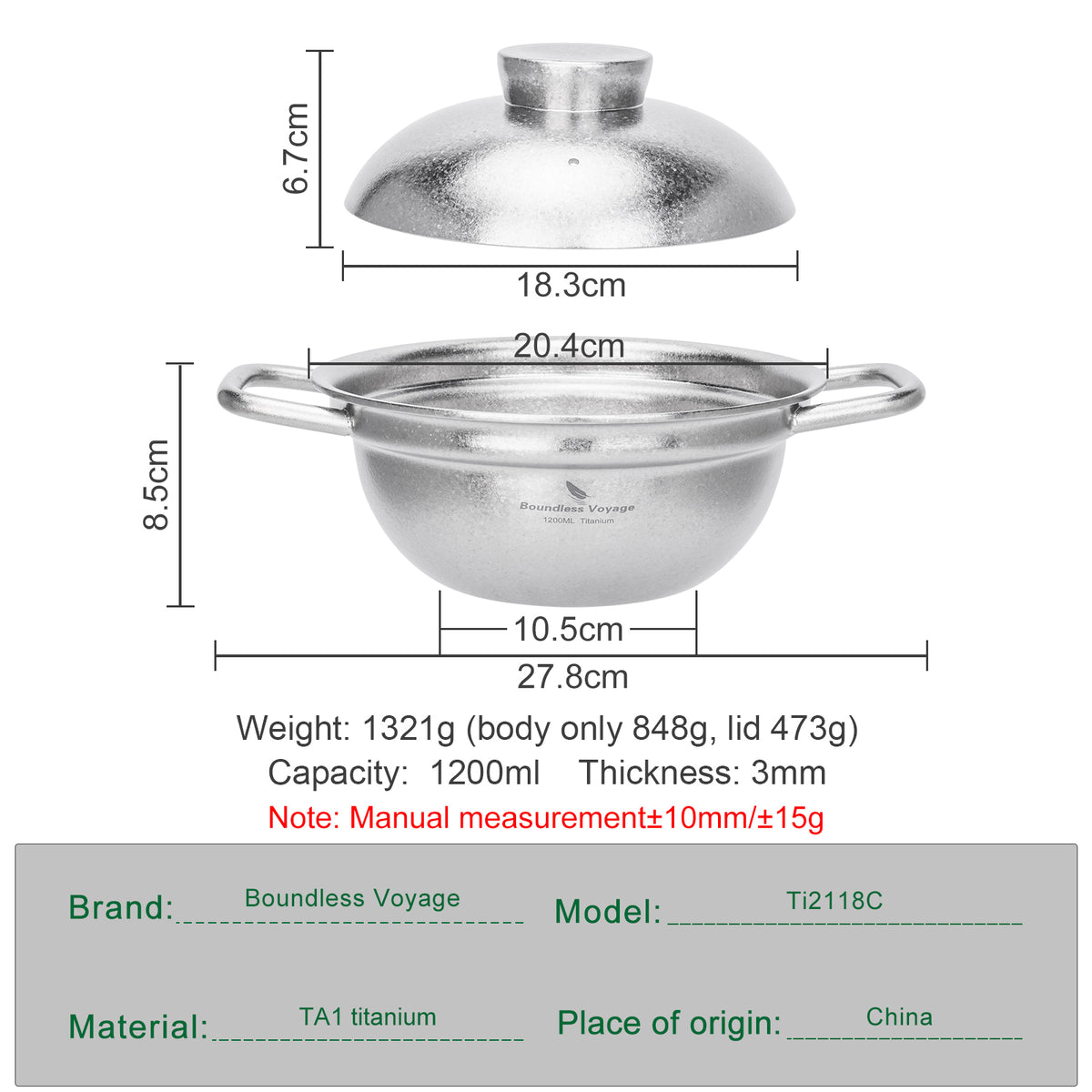 Boundless Voyage 1200ml Pure Titanium Cooking Pot with Lid – 1.2L Non-Coated Soup Pot for Camping, Hot Pot & Home Cooking