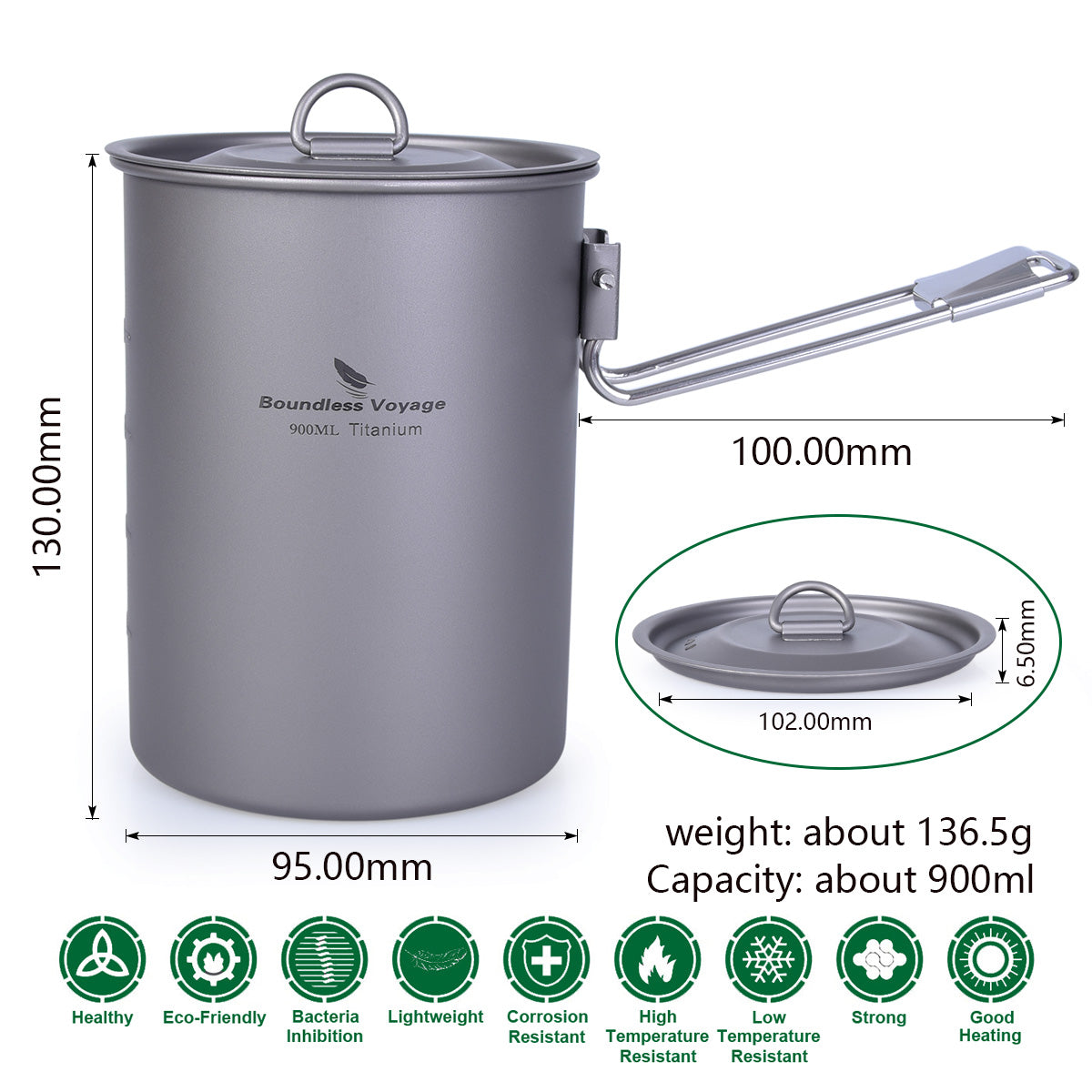 Boundless Voyage Outdoor Titanium Pot with Lid Folding Handle Ultralight Portable Camping Hiking Picnic Water Rice Food Bowl Cup Mug