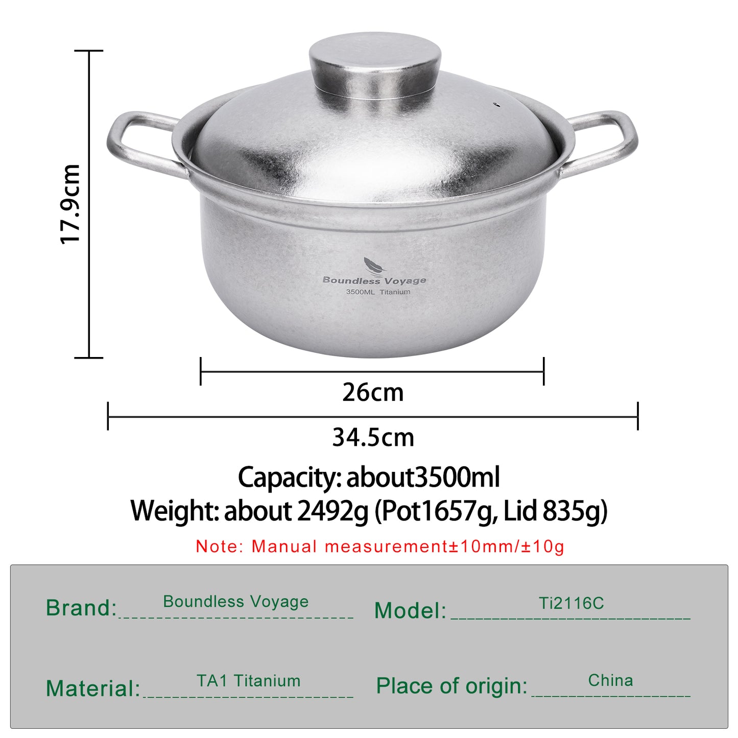 Boundless Voyage 3.5L Titanium Cooking Pot – Heavy-Duty Thick-Wall Stock Pot with Vented Lid for Home Kitchen & Outdoor Cooking