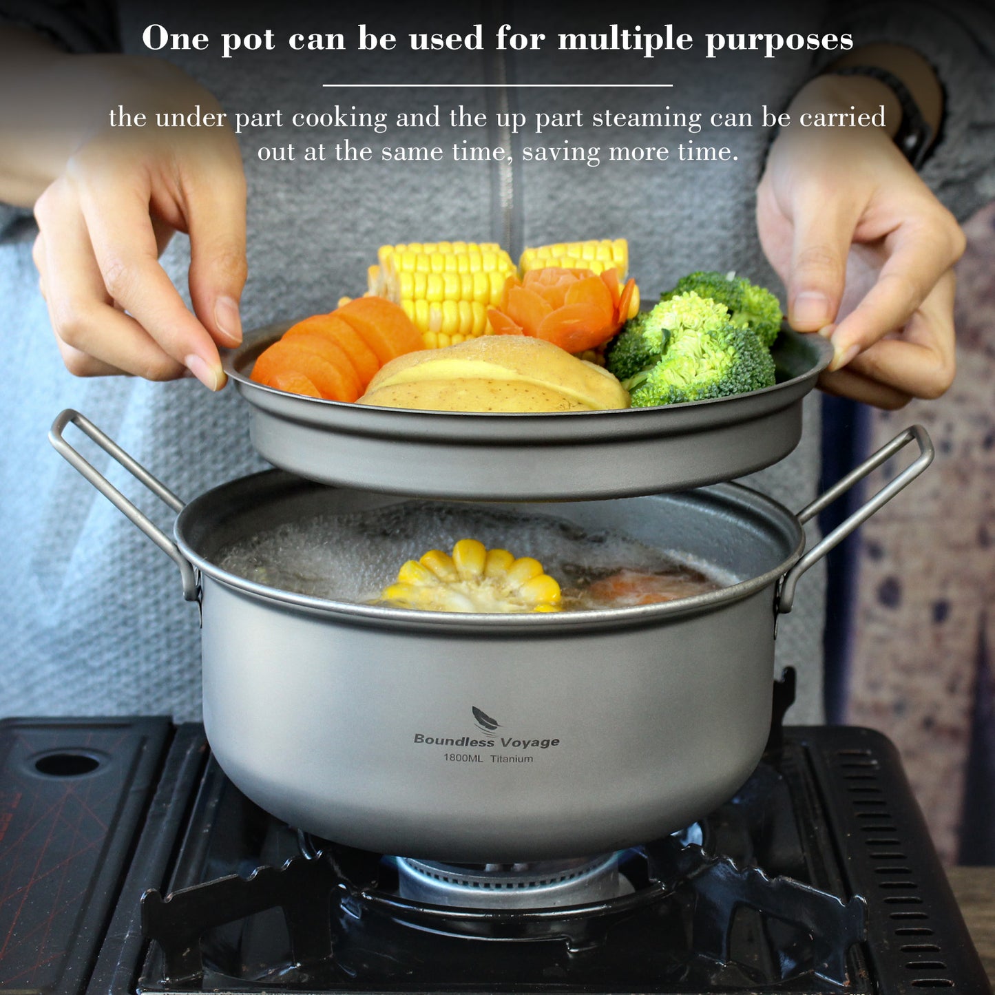 Boundless Voyage Titanium Steamer Pot Set with Lid – Ultralight Camping Stockpot & Steaming Kit, TA1 Titanium Outdoor Cookware for Backpacking, Hiking & Healthy Cooking