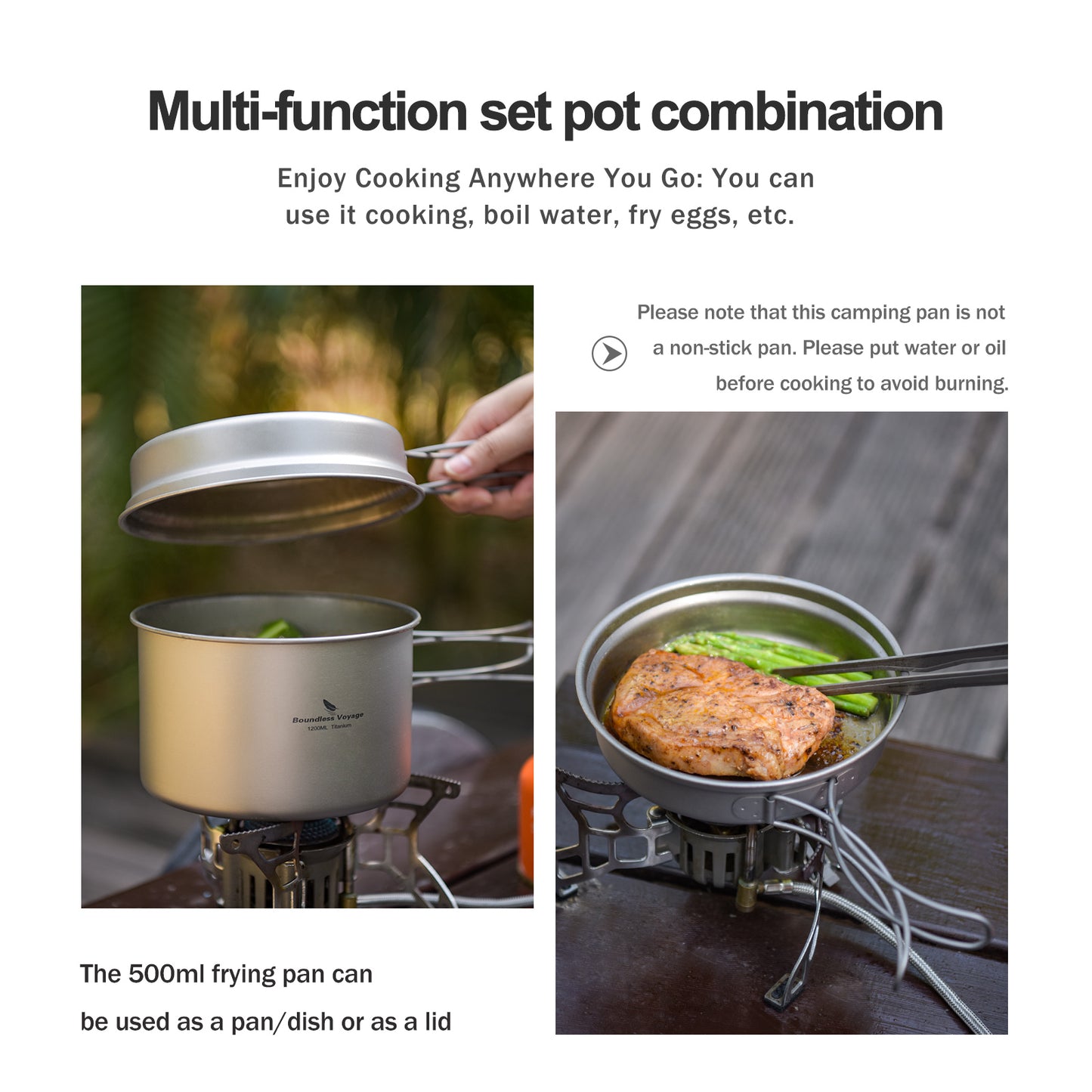 Boundless Voyage Titanium Pot & Frying Pan Set 1200ml – Ultralight Camping Cookware, Nesting TA1 Titanium Cooking Set for Backpacking, Hiking & Outdoor Cooking