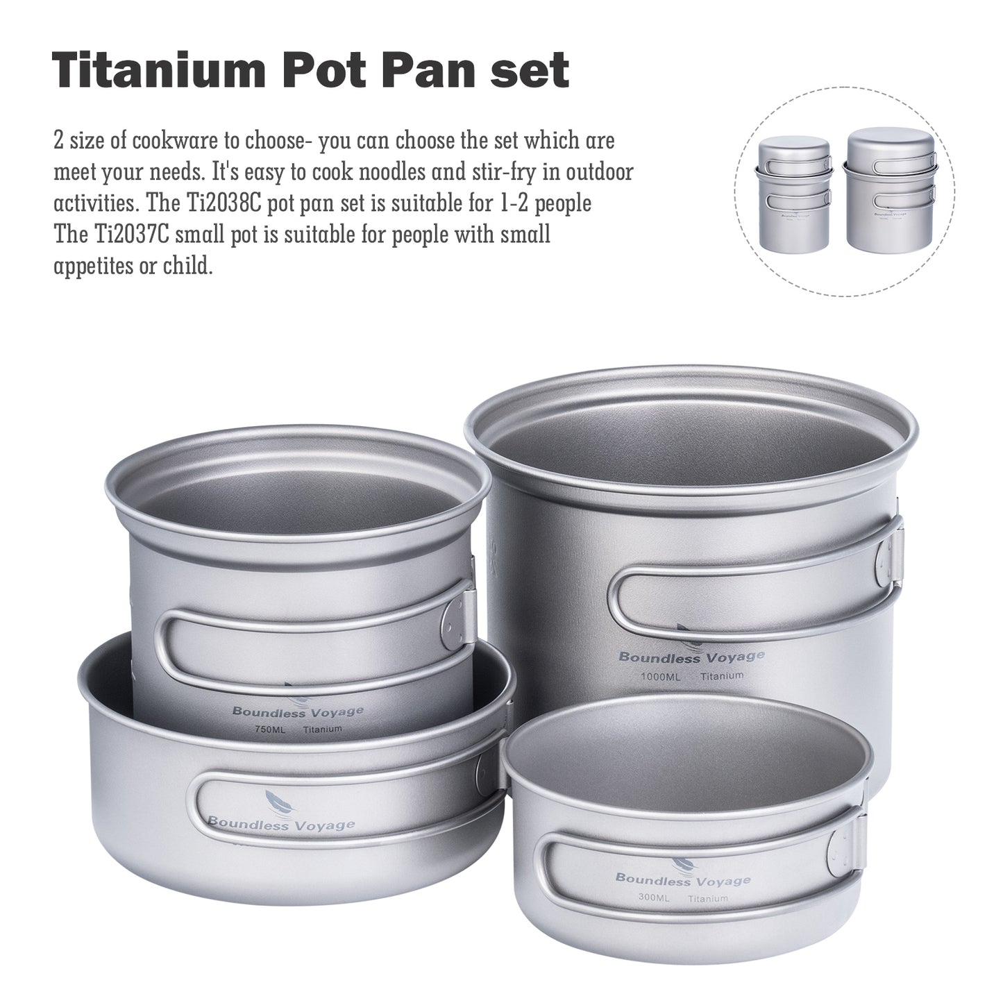 Boundless Voyage Outdoor Camping Titanium Pot Pan set with Folding Handle Picnic Hiking Mess Kit Cookware