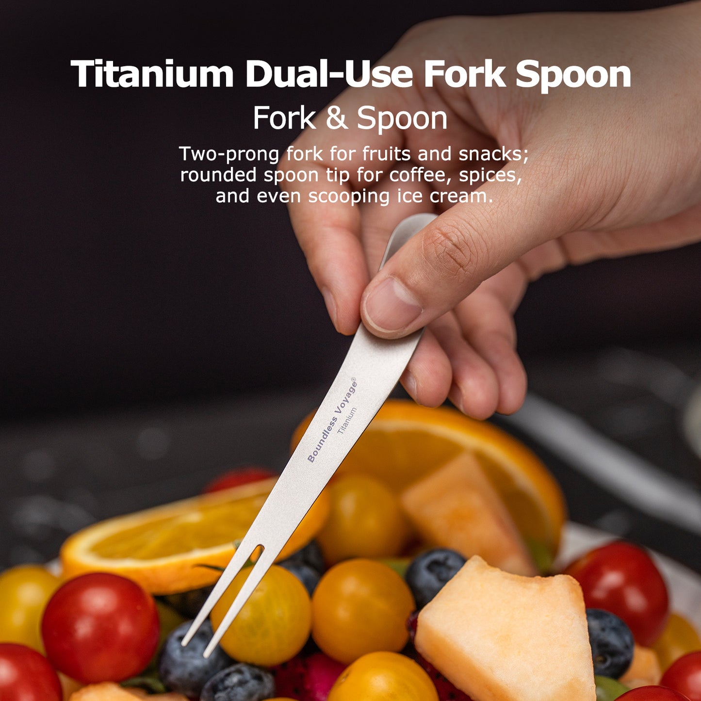 Boundless Voyage Titanium Dual-Use Fork & Spoon Set – 5pcs Ultralight Camping Cutlery with Drawstring Bag for Fruits, Coffee, Ice Cream & Travel