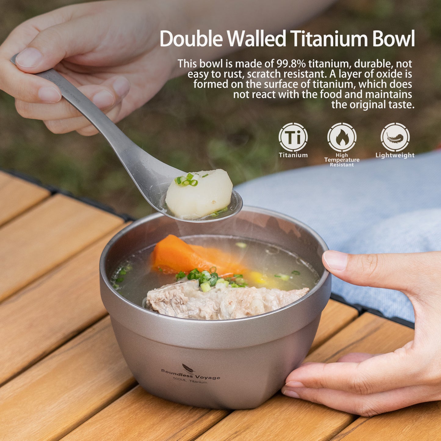 Boundless Voyage 500ml Double Walled Titanium Bowl Oatmeal Food Rice Soup Bowl Ultralight Portable Tableware Outdoor Camping Metal Bowl Lightweight