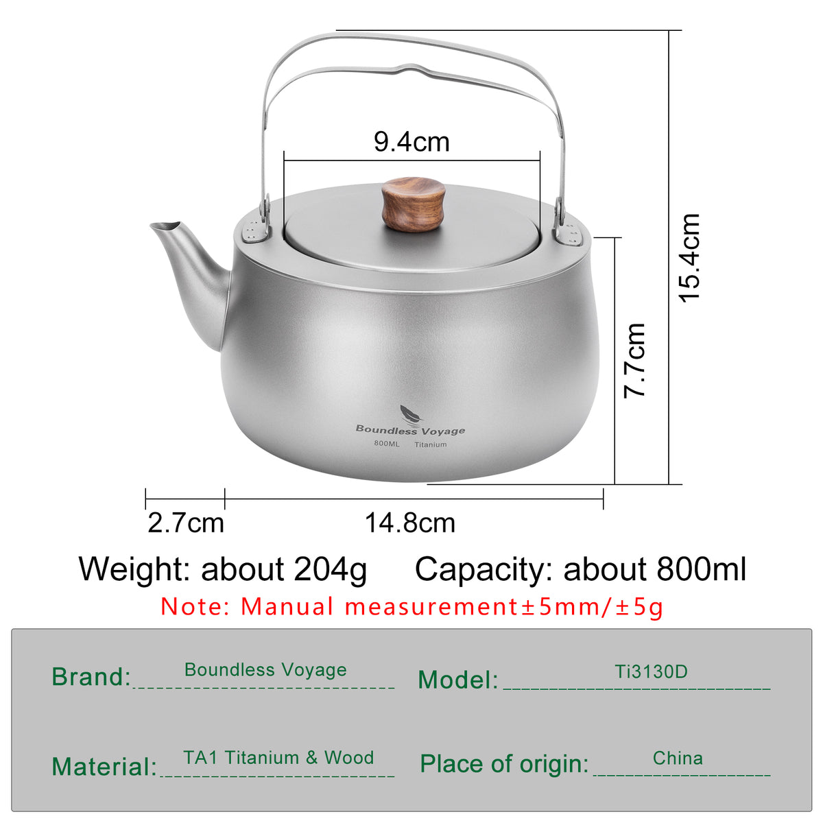 Boundless Voyage 800ml Titanium Camping Kettle – Ultralight Water Boiler with Folding Handle & Wooden Knob for Backpacking, Hiking & Outdoor Cooking