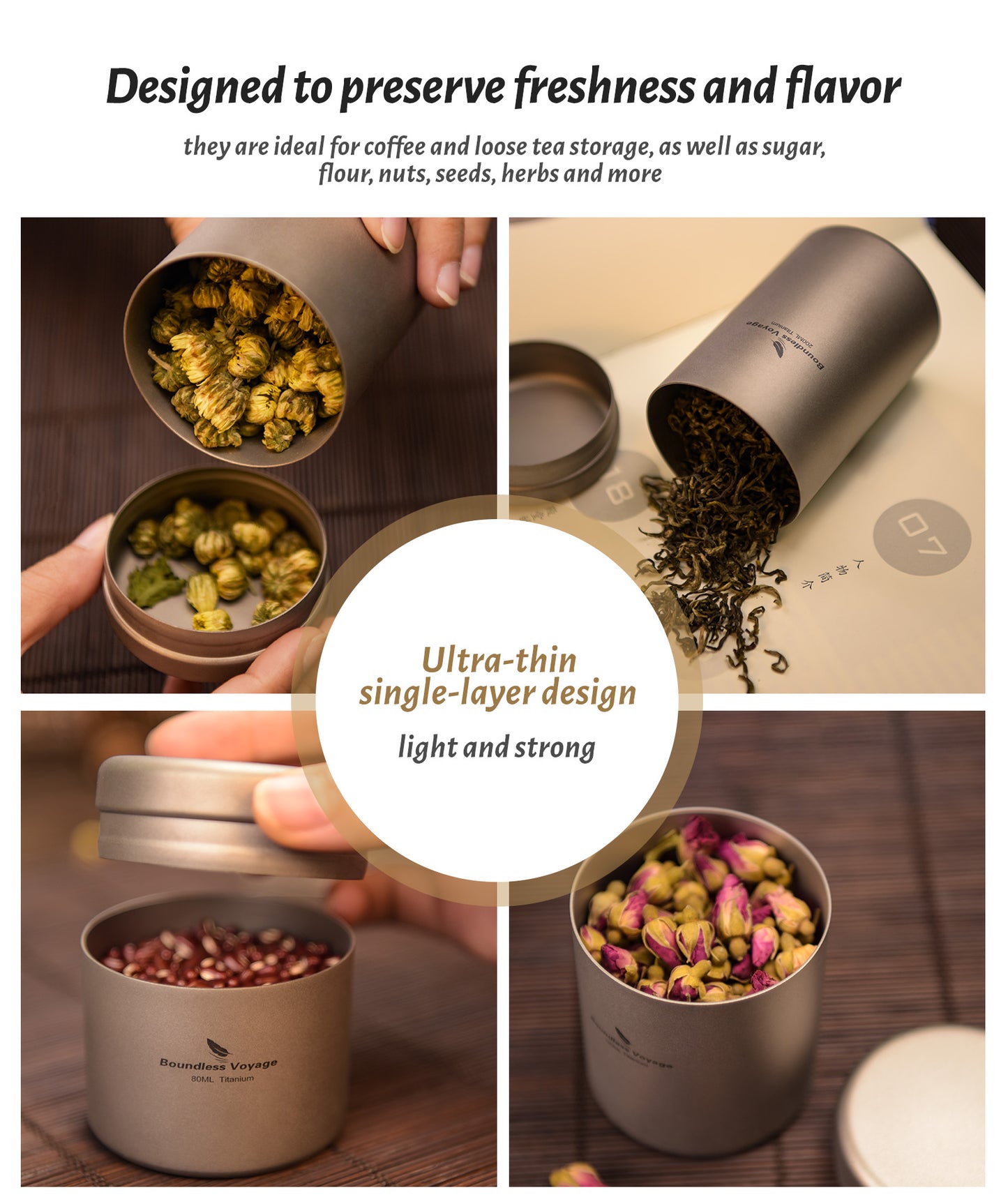 Boundless Voyage 80ml Titanium Tea Caddy – Ultralight Portable Tea Canister for Loose Leaf Tea, Coffee, Spices, Sugar & Small Food Storage