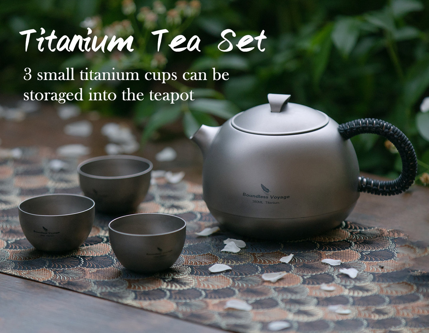 Boundless Voyage Titanium Kung Fu Tea Set | 380ml Kettle & 3PCS 25ml Cups | Anti-Scald Ultralight Tea Maker for Camping, Hiking & Travel