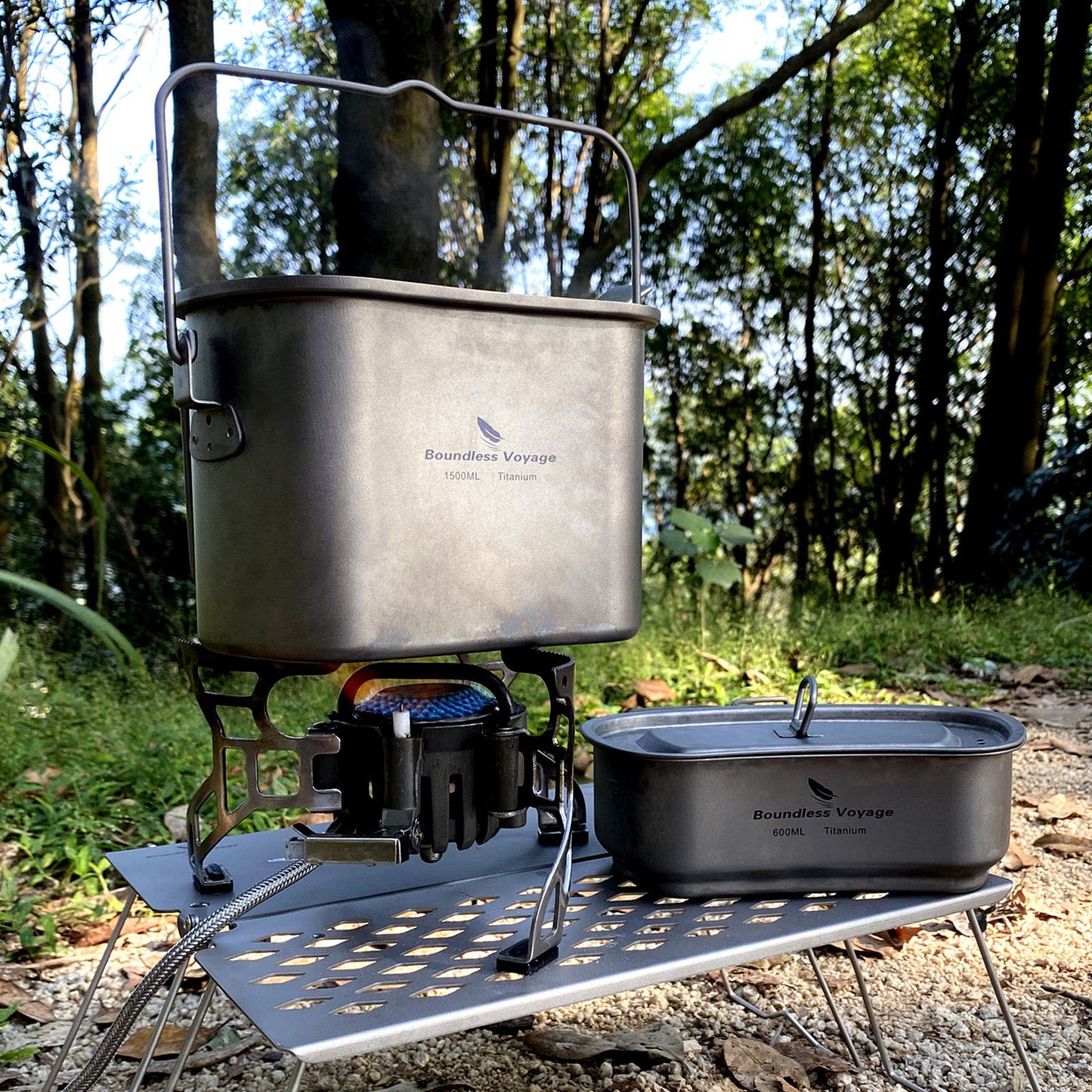 Boundless Voyage Titanium Hanging Pot & Cup Set – Ultralight Campfire Cooking Kit with Lid, TA1 Titanium Camping Cookware for Backpacking, Hiking & Outdoor Use