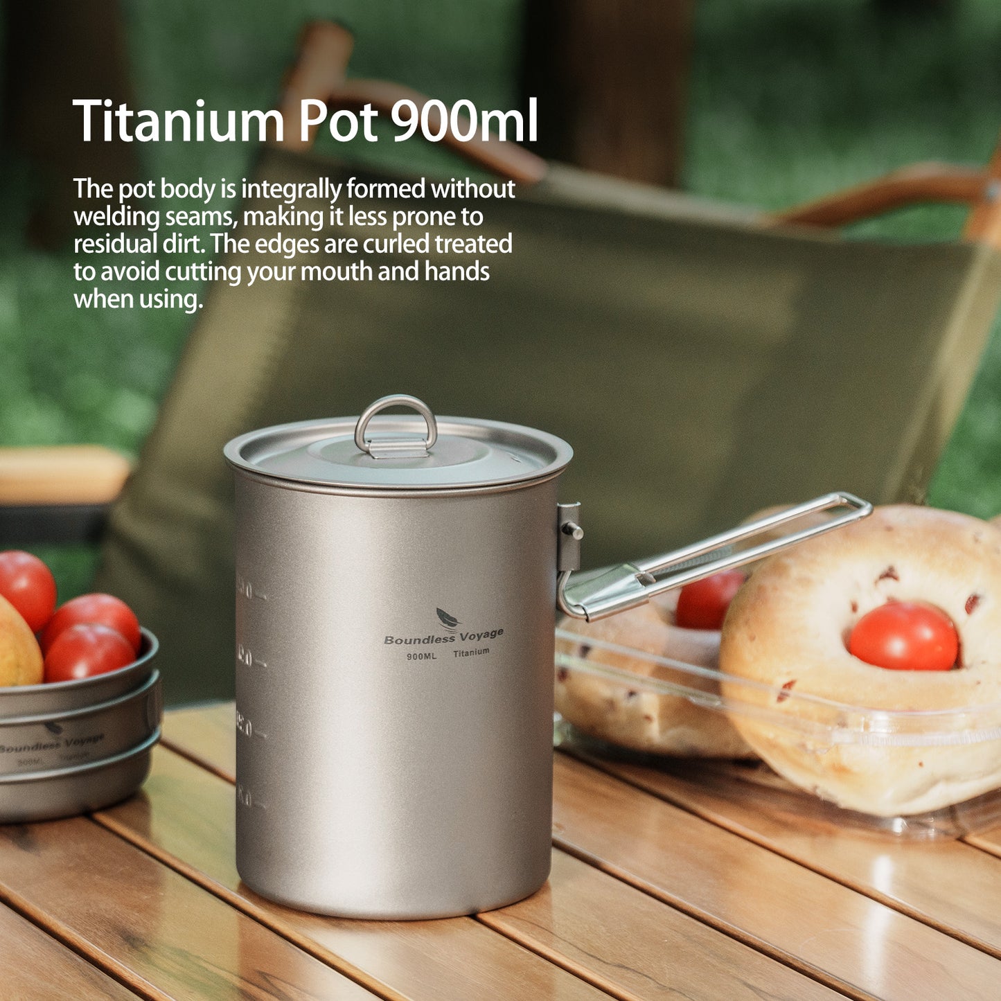 Boundless Voyage TA1 Titanium Outdoor Pot with Lid – Ultralight Folding Handle Camping, Hiking & Picnic Cookware