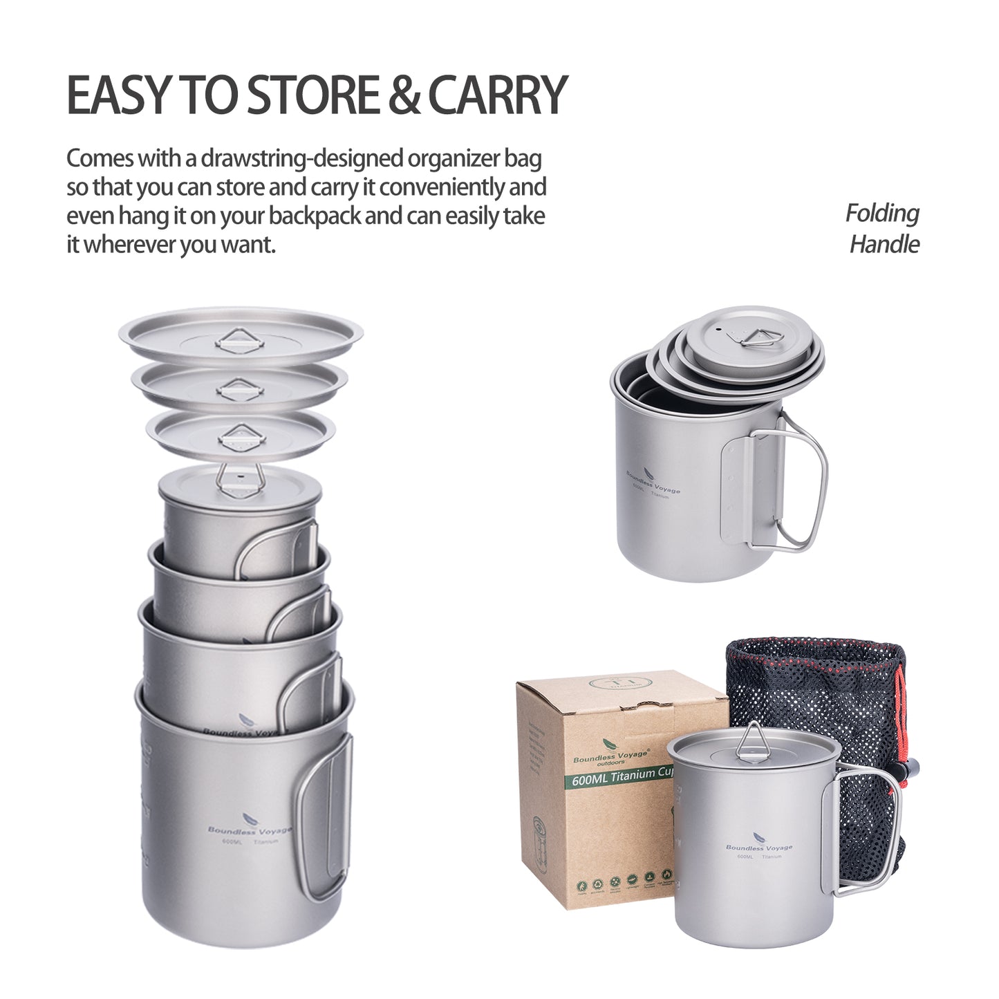 Boundless Voyage 3-Piece Ultralight Titanium Nesting Cup Set | 200/300/450ml Stackable Camping Mug Kit