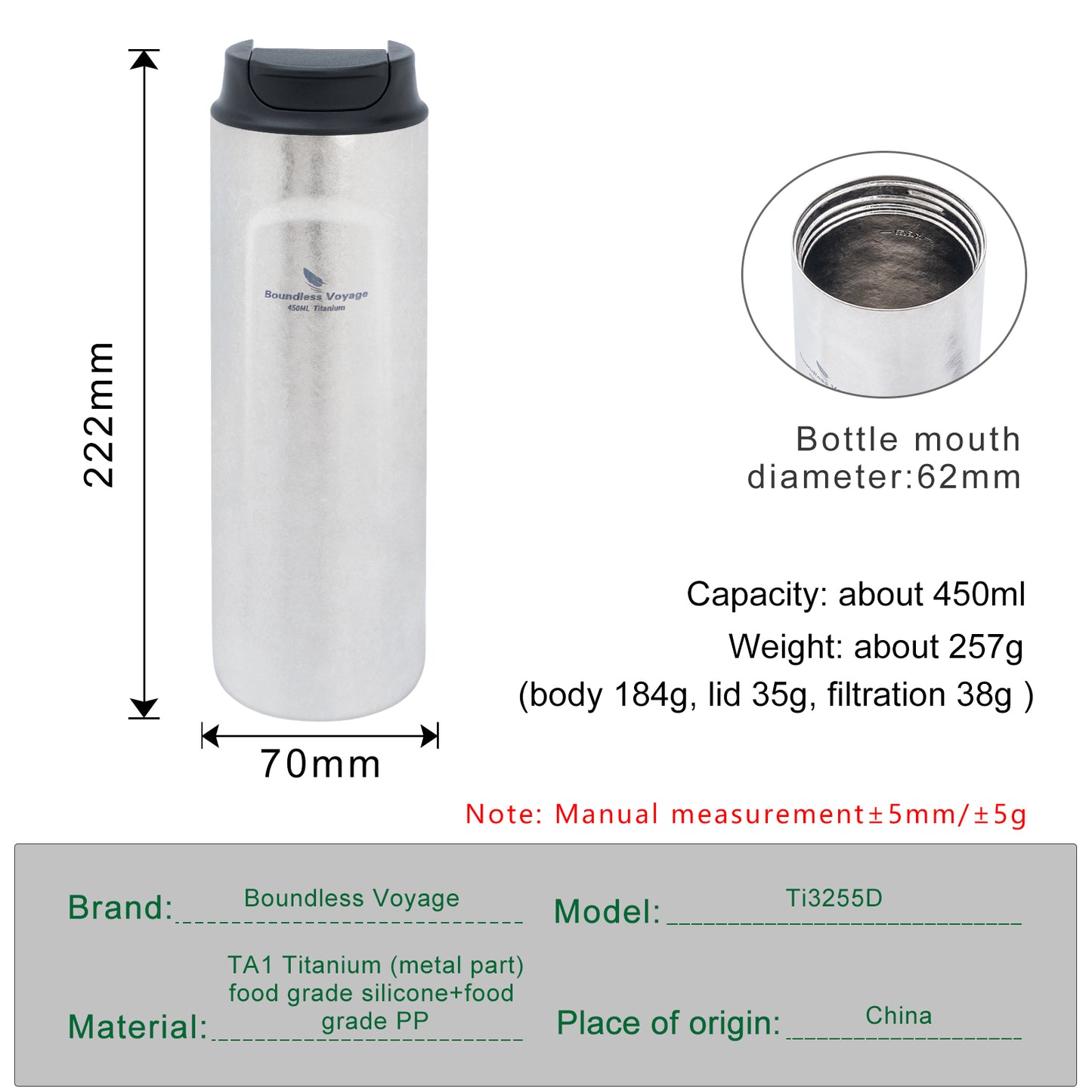 Boundless Voyage Titanium French Press Coffee Tumbler Thermos with Lid Double-Walled Insulated Water Bottle Mug 450ml