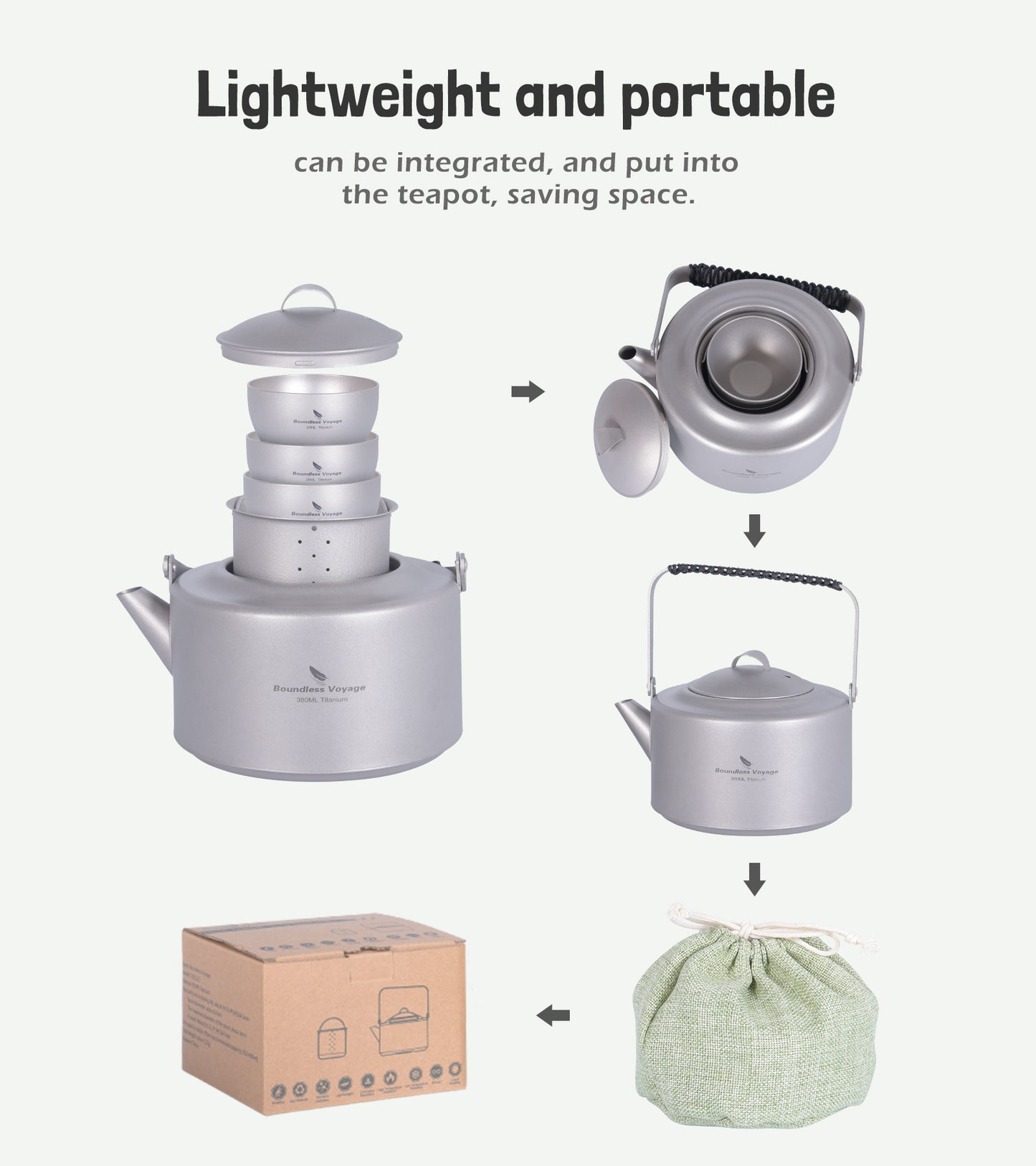 Boundless Voyage 450ml Titanium Teapot Set with 25ml Cup | 122g Ultralight Mini Kettle with Filter & Lifting Handle | Portable Tea Maker for Camping