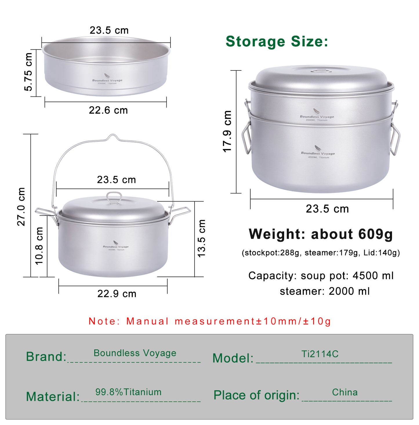 Boundless Voyage Titanium Steamer Soup Pot 4.5L +2L Outdoor Camping Cookware Lightweight Picnic Hiking Hanging Pot Portable Travel Household Kitchenware Cooking Kit Hot Pot For 3-5 Person