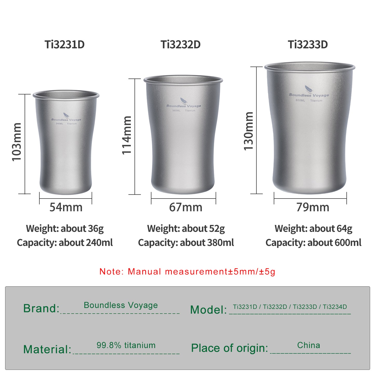 Boundless Voyage Titanium Beer Mugs Ultralight Coffee Tea Juicy Cups for Outdoor Camping Picnic 240ml 380ml 600ml
