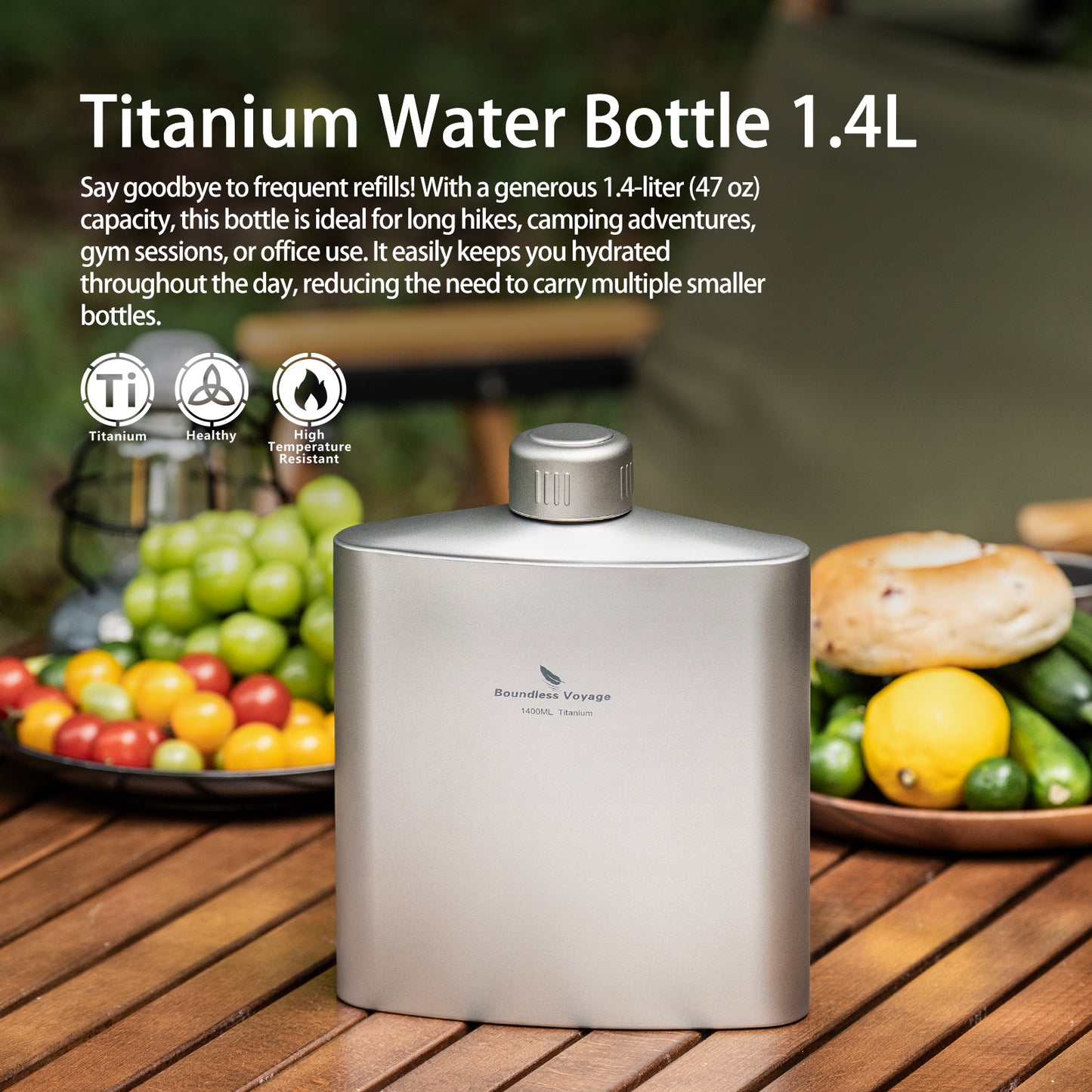 Boundless Voyage Titanium Water Bottle 1.4L – Leak-Proof Anti-Slip Cap, Ultra-Lightweight & Durable, Ideal for Camping, Hiking & Everyday Use