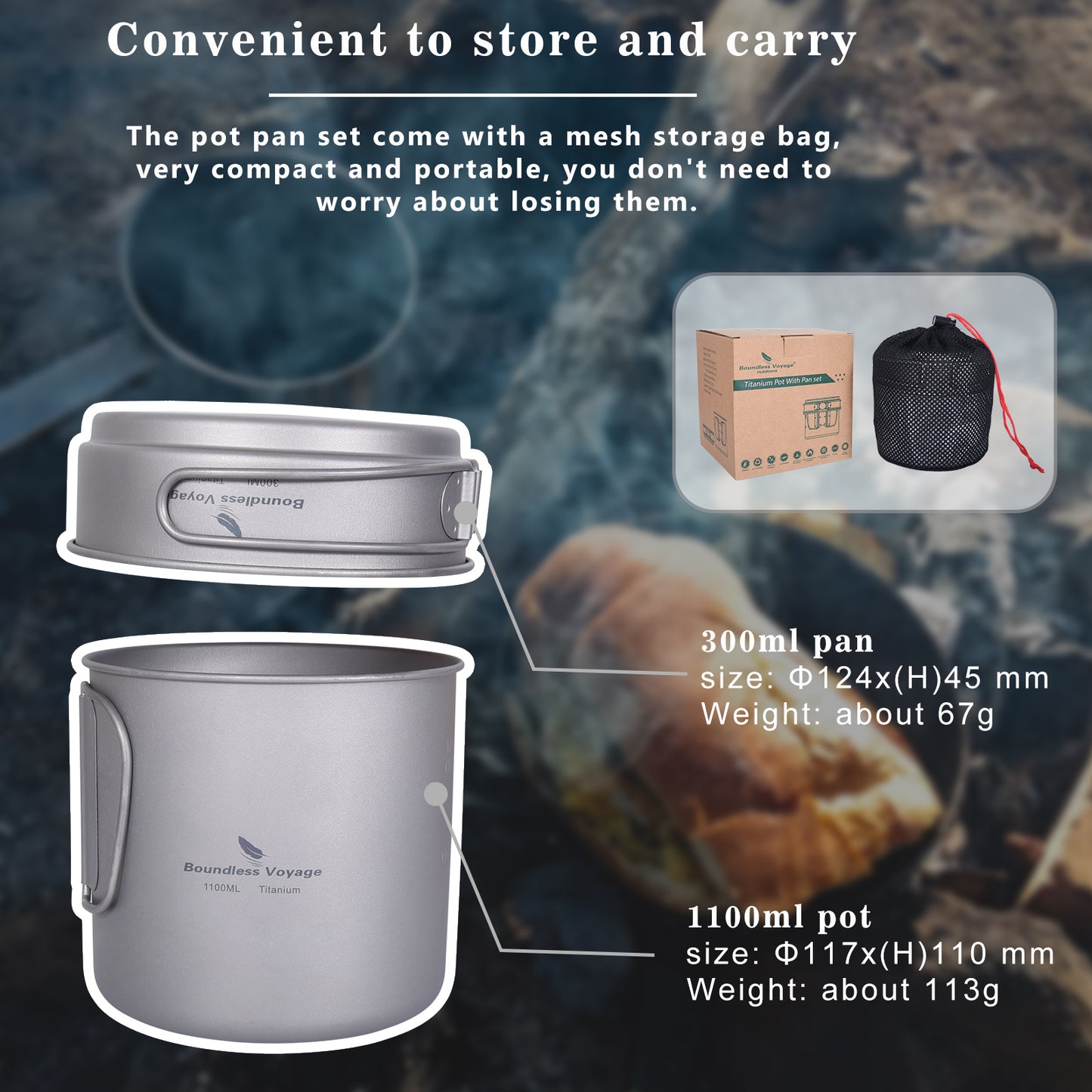 Boundless Voyage Titanium Pot & Pan Set with Folding Handles – Ultralight Camping Cookware Mess Kit for Hiking, Picnic & Outdoor Tableware