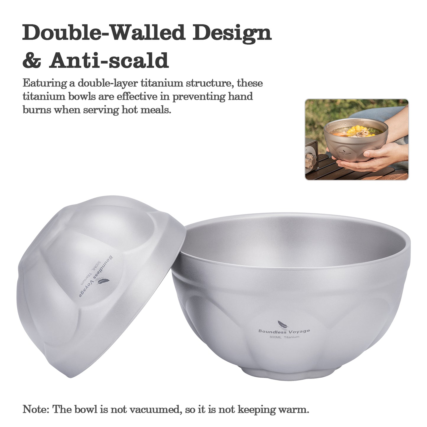 Boundless Voyage Titanium Double-Wall Bowl Set – 500ml & 800ml Insulated Camping Bowls for Soup, Oatmeal & Outdoor Dining