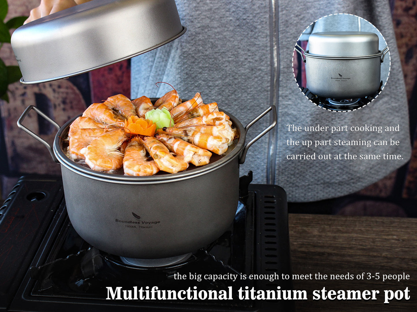 Boundless Voyage Titanium Camping Cookware Set 1900ml+900ml with Steamer – Multifunctional Pot, Frying Pan & Lid Kit, Ultralight Outdoor Cooking System for Hiking & Backpacking