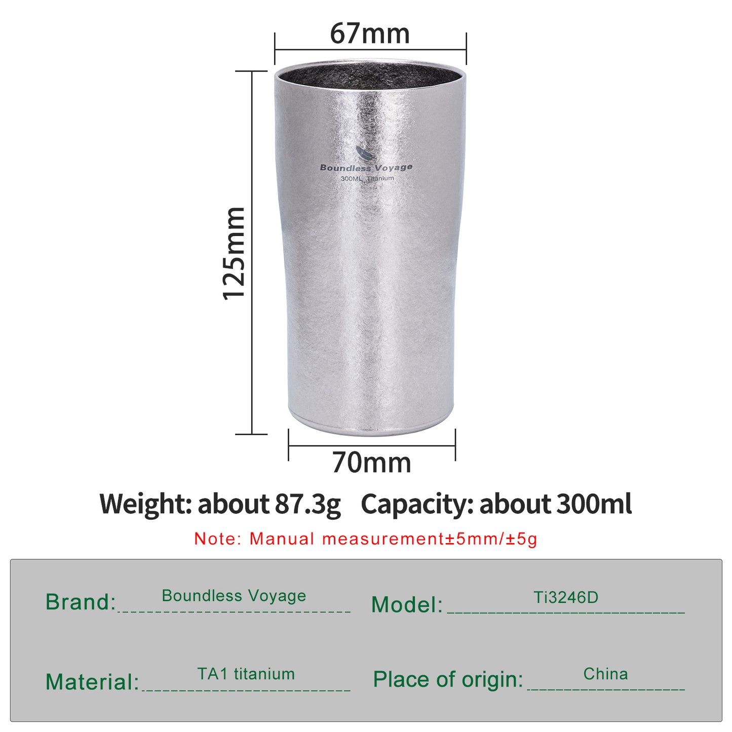 Boundless Voyage Titanium Double-Walled Cup 300ml – Ultralight Crystallized Finish Mug for Coffee, Beer & Outdoor Camping