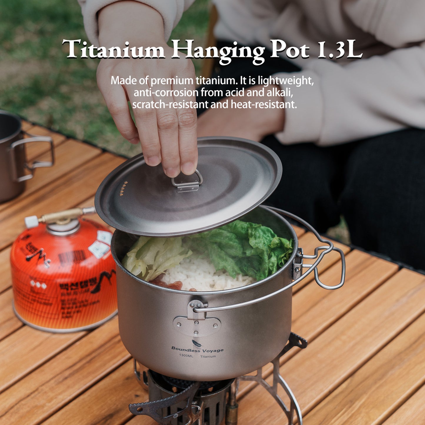 Boundless Voyage 1300ml TA1 Titanium Camping Pot with Lid – Ultralight Folding-Handle Cookware for Hiking, Picnic & Outdoor Soup Cooking