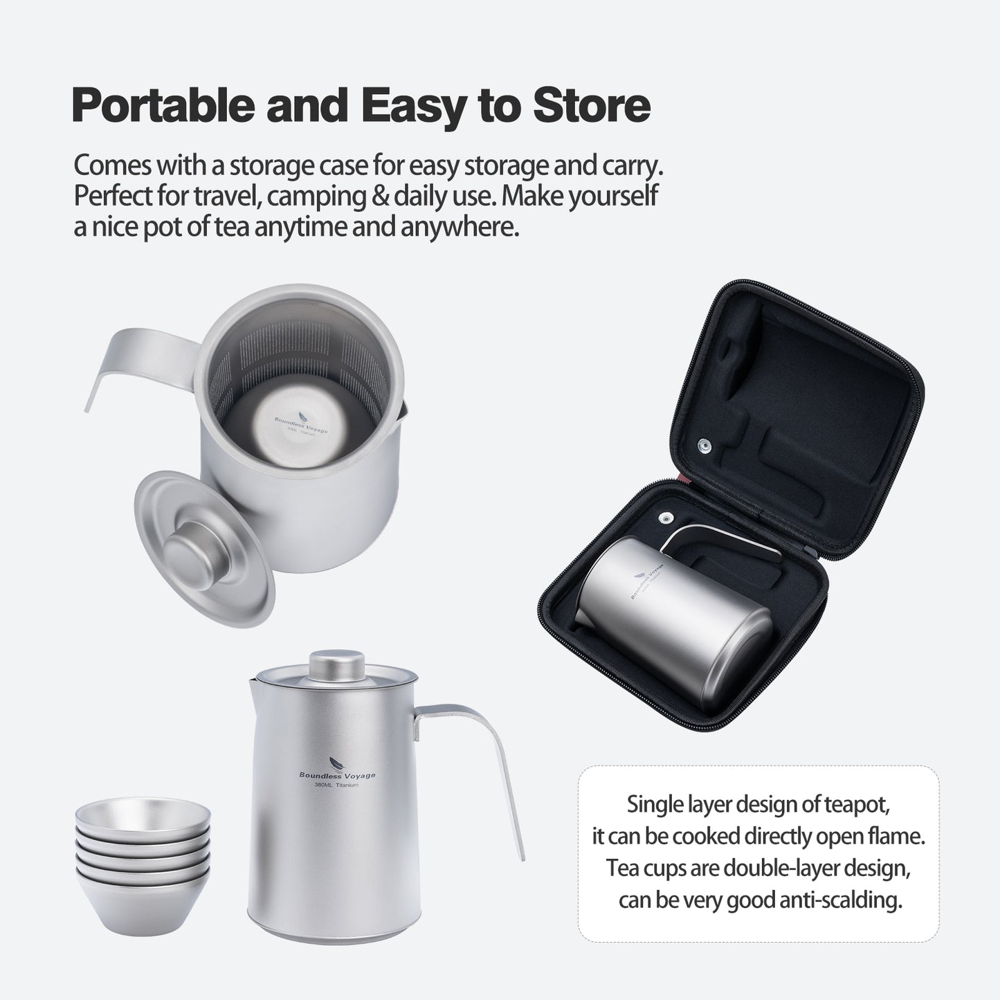 Boundless Voyage 380ml Titanium Teapot Set | 136g Ultralight Kettle with 40ml Double-Wall Cups | Anti-Scald Travel Tea Set for Camping & Hiking