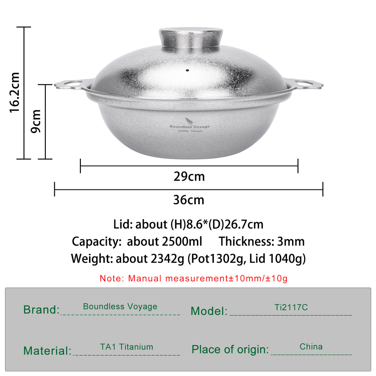 Boundless Voyage 2500ml Pure Titanium Camping Pot with Lid – Large Non-Coated Cooking Pot for Camping, Hot Pot & Outdoor Cooking
