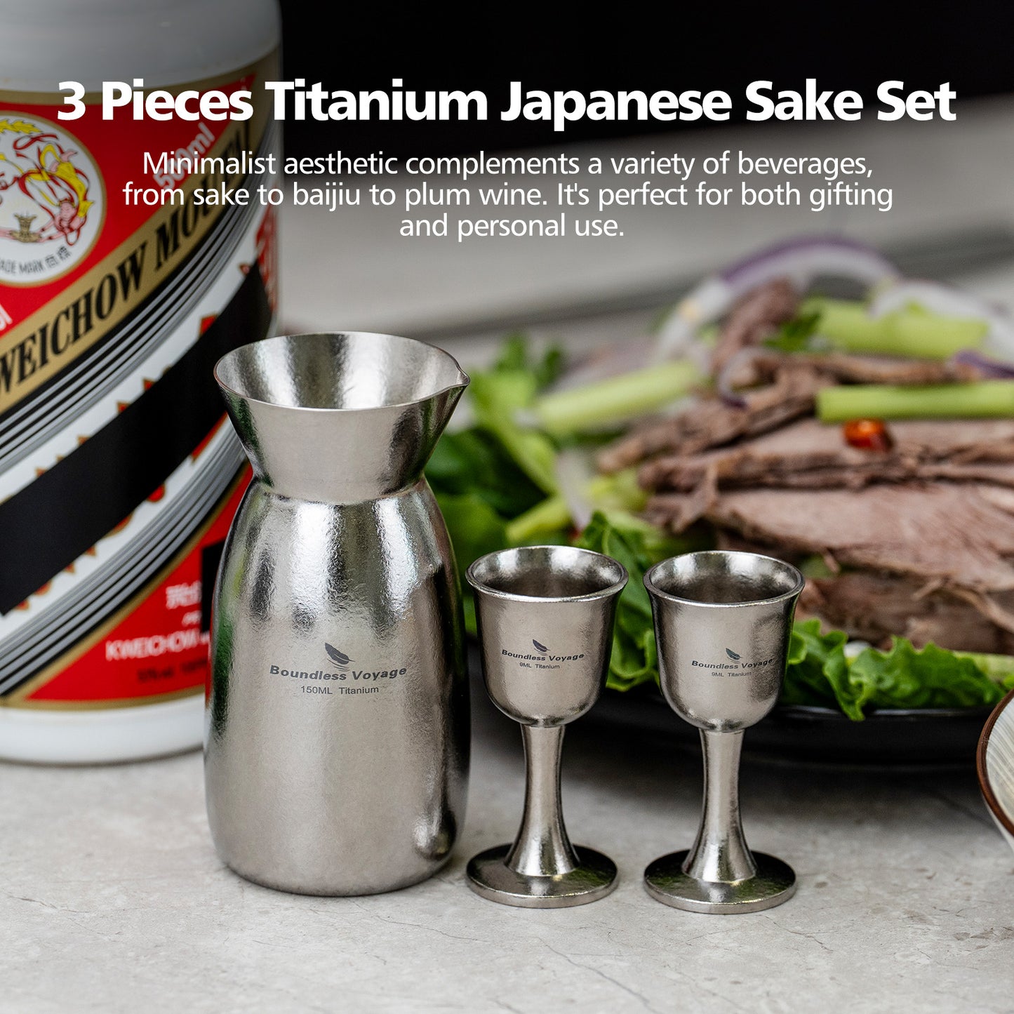 Custom Engraved Titanium Sake Set – Premium 3-Piece Japanese Wine Gift Set with Tokkuri Carafe & Ochoko Cups