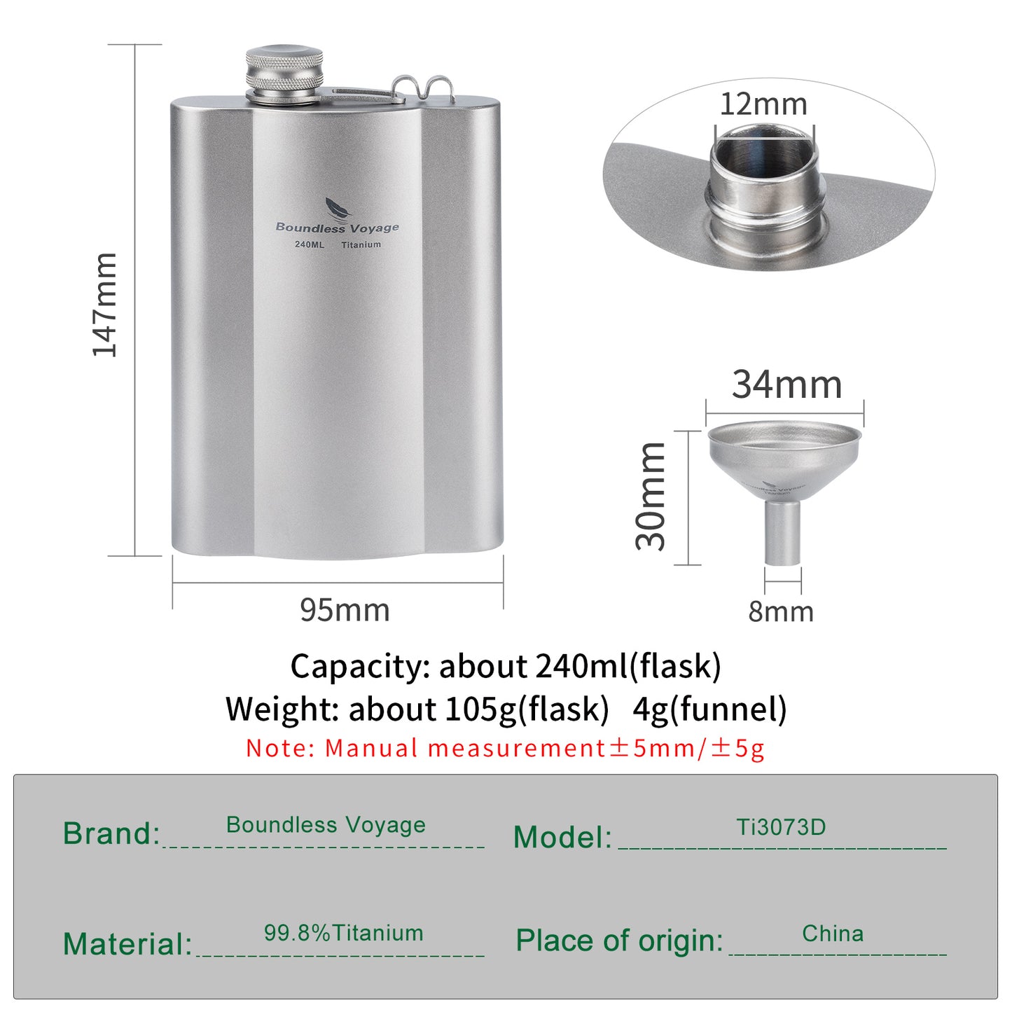 Boundless Voyage Titanium Flask 240ml+funnel Rust-Free Ultralight Small Liquor Flask Bottle for Whiskey Vodka Wine Outdoor Portable Travel Outdoor