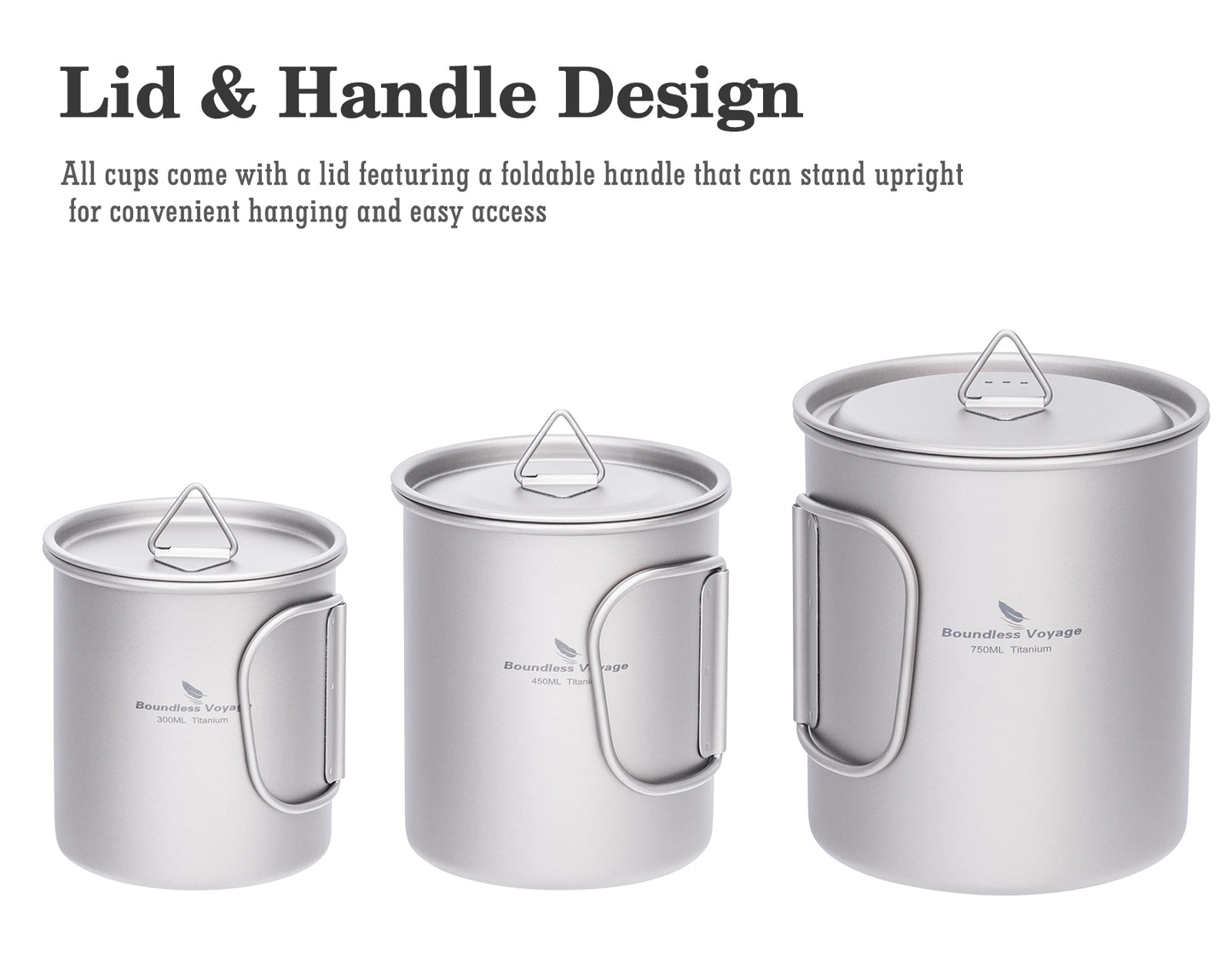 Boundless Voyage Titanium Camping Cup with Lid – 300ml / 450ml / 750ml Stackable Ultralight Mug Pot for Backpacking, Hiking & Outdoor Cooking