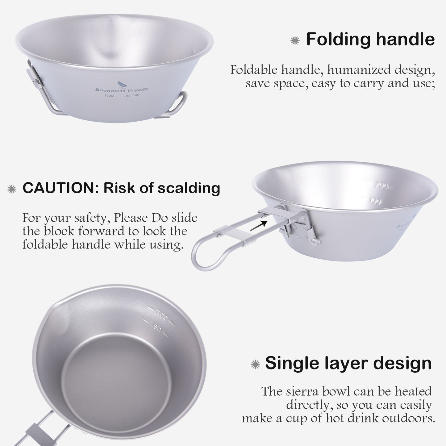 Boundless Voyage Titanium Sierra Cup Bowl with Folding Handle Outdoor Camping Hiking Portable Pan Tableware  450ml