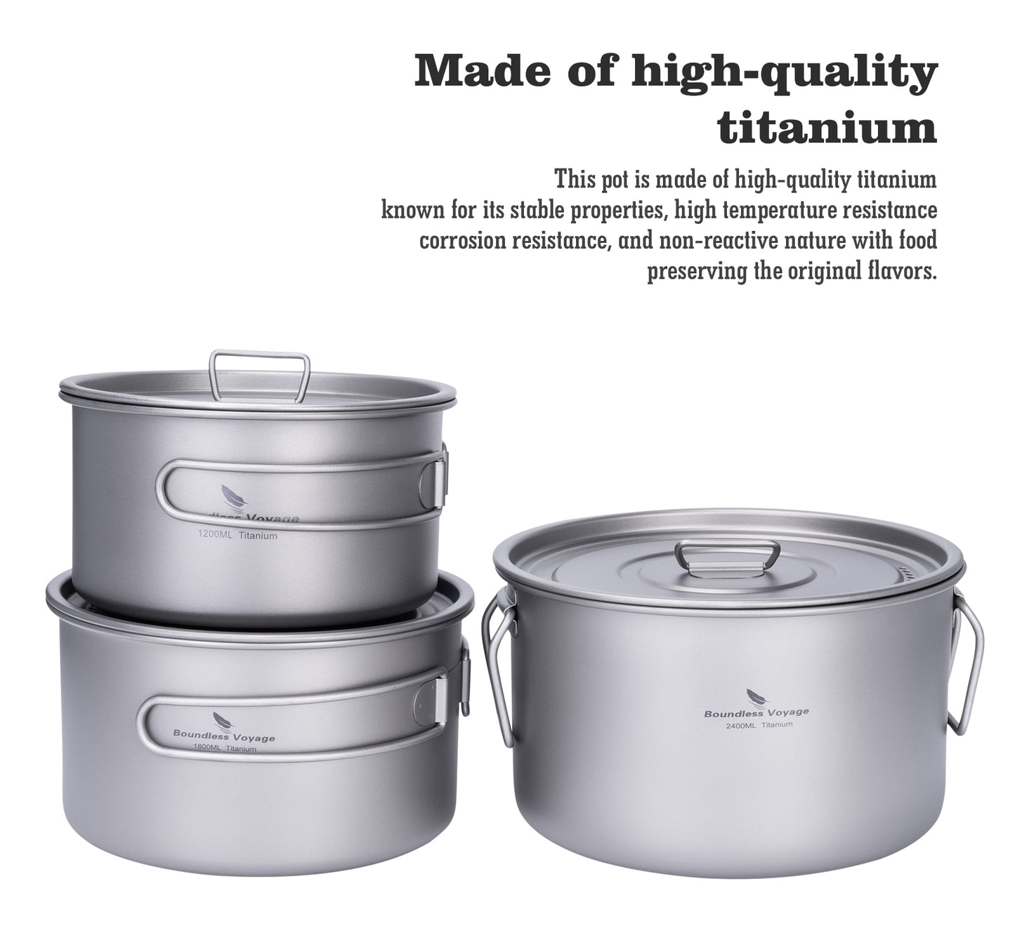 Boundless Voyage Titanium Cookware Set 3-Piece (1.2L/1.8L/2.4L) – Ultralight Camping Pots Set, Nesting Titanium Cooking Kit for Backpacking, Hiking & Outdoor Cooking