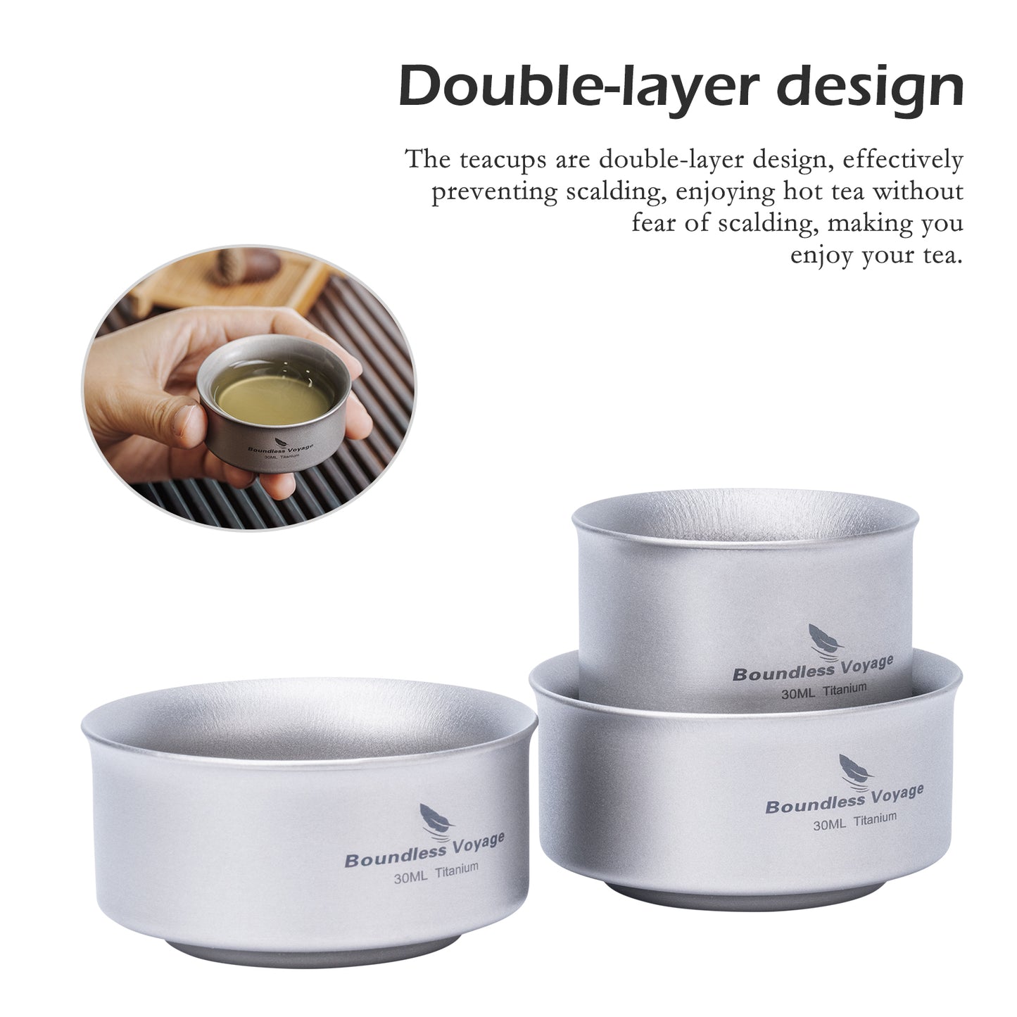 Boundless Voyage 3-Piece Titanium Double-Walled Tea Cup Set | 30ml Mini Insulated Coffee Mugs | Anti-Scald Ultralight Tasting Cups for Camping