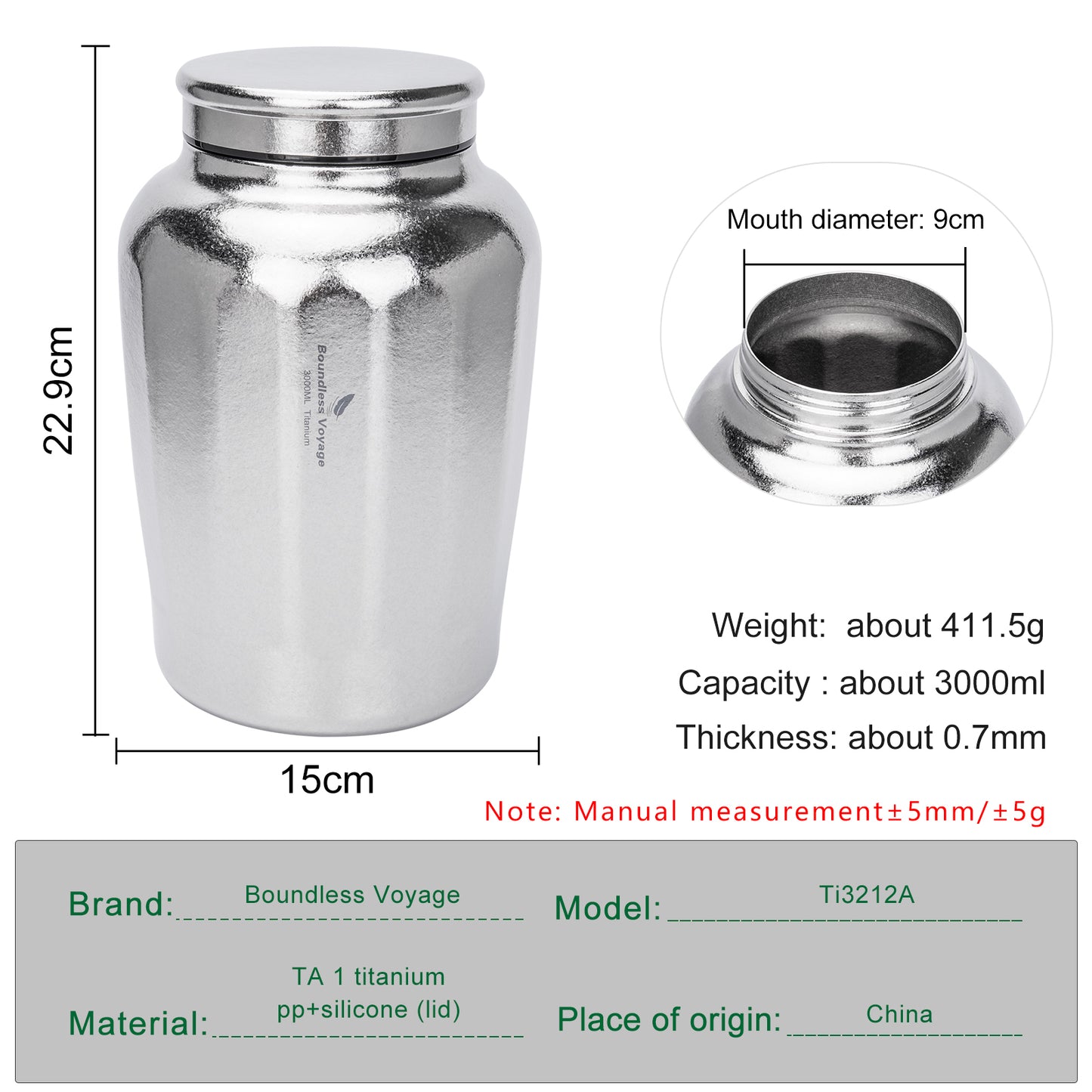Boundless Voyage 3000ml Titanium Storage Canister Water Bottle– Airtight TA1 Titanium Container for Tea, Coffee, Food & Camping Storage