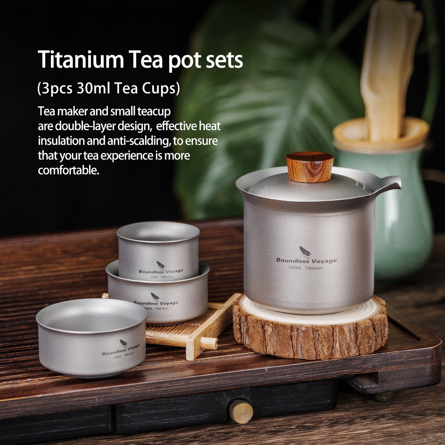 Boundless Voyage Titanium Titanium Double-Layer Tea Maker + 3pcs 30ml Tea Cups Lightweight Outdoor Camping Portable Tea pot sets