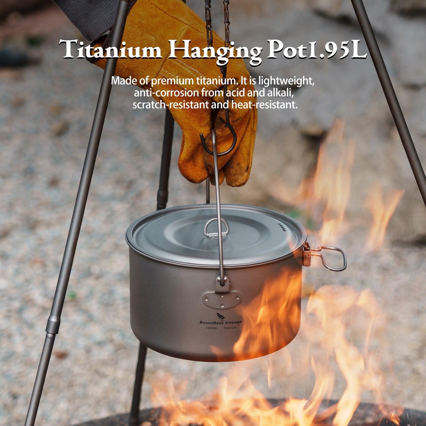 Boundless Voyage 1950ml TA1 Titanium Hanging Pot – Ultralight Campfire Cooking Pot for Camping, Backpacking & Outdoor Bushcraft