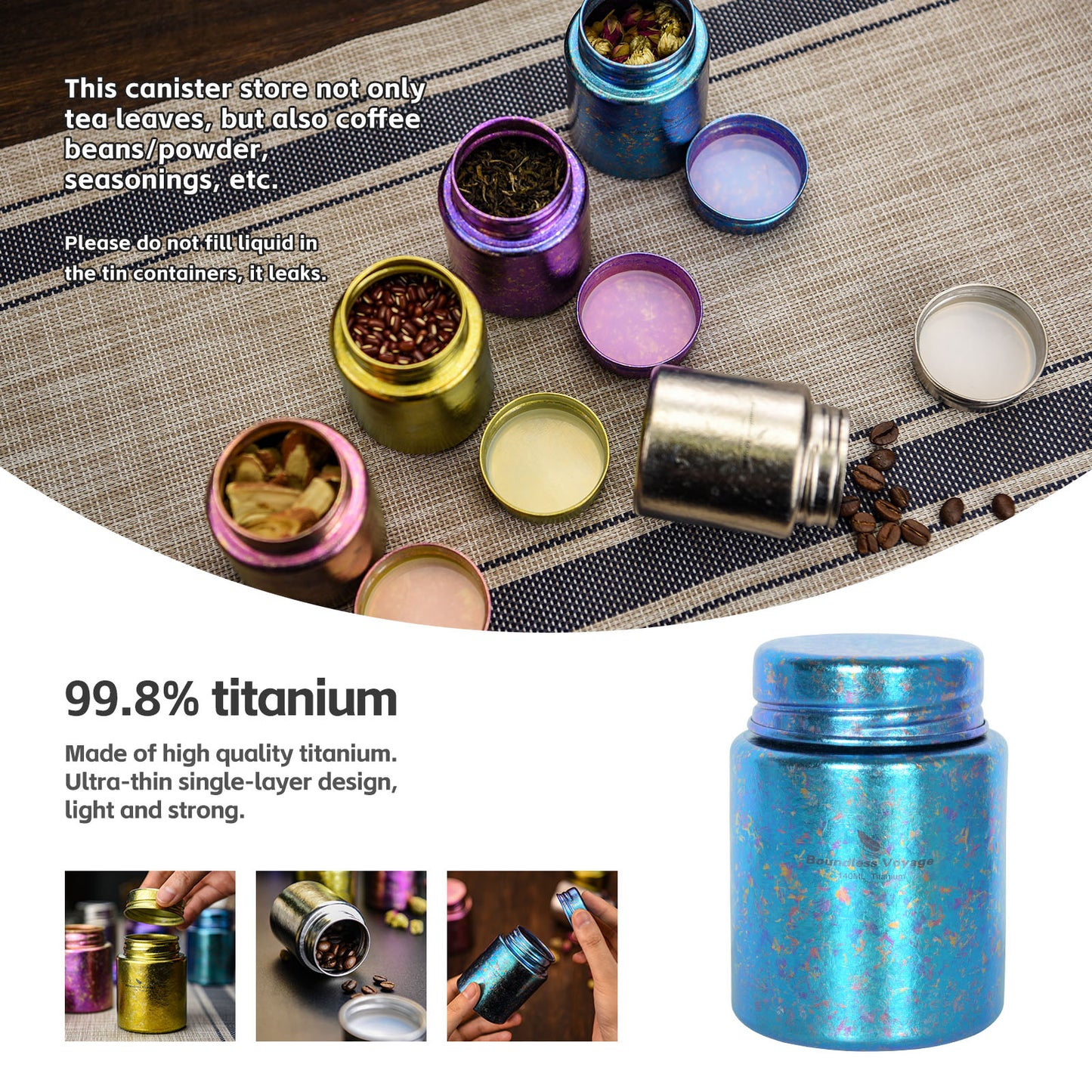 Boundless Voyage Mini Titanium Tea Caddy – Colorful Ice Texture Tea Canister for Loose Leaf Tea, Coffee, Spices & Portable Dry Storage