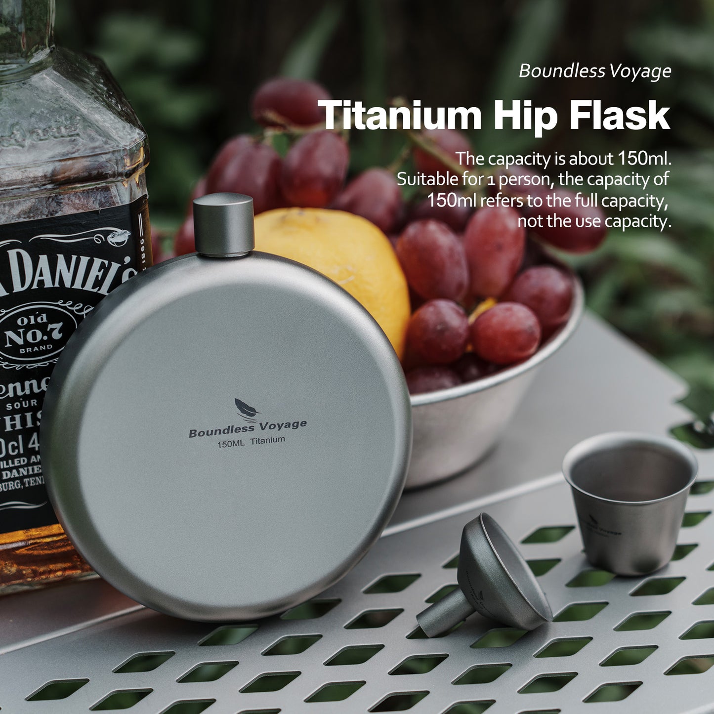 Boundless Voyage 150ml Titanium Hip Flask Set with Funnel & Shot Cup – Ultralight TA1 Titanium Whiskey Flask, Leakproof Pocket Liquor Bottle for Camping, Travel & Gifts
